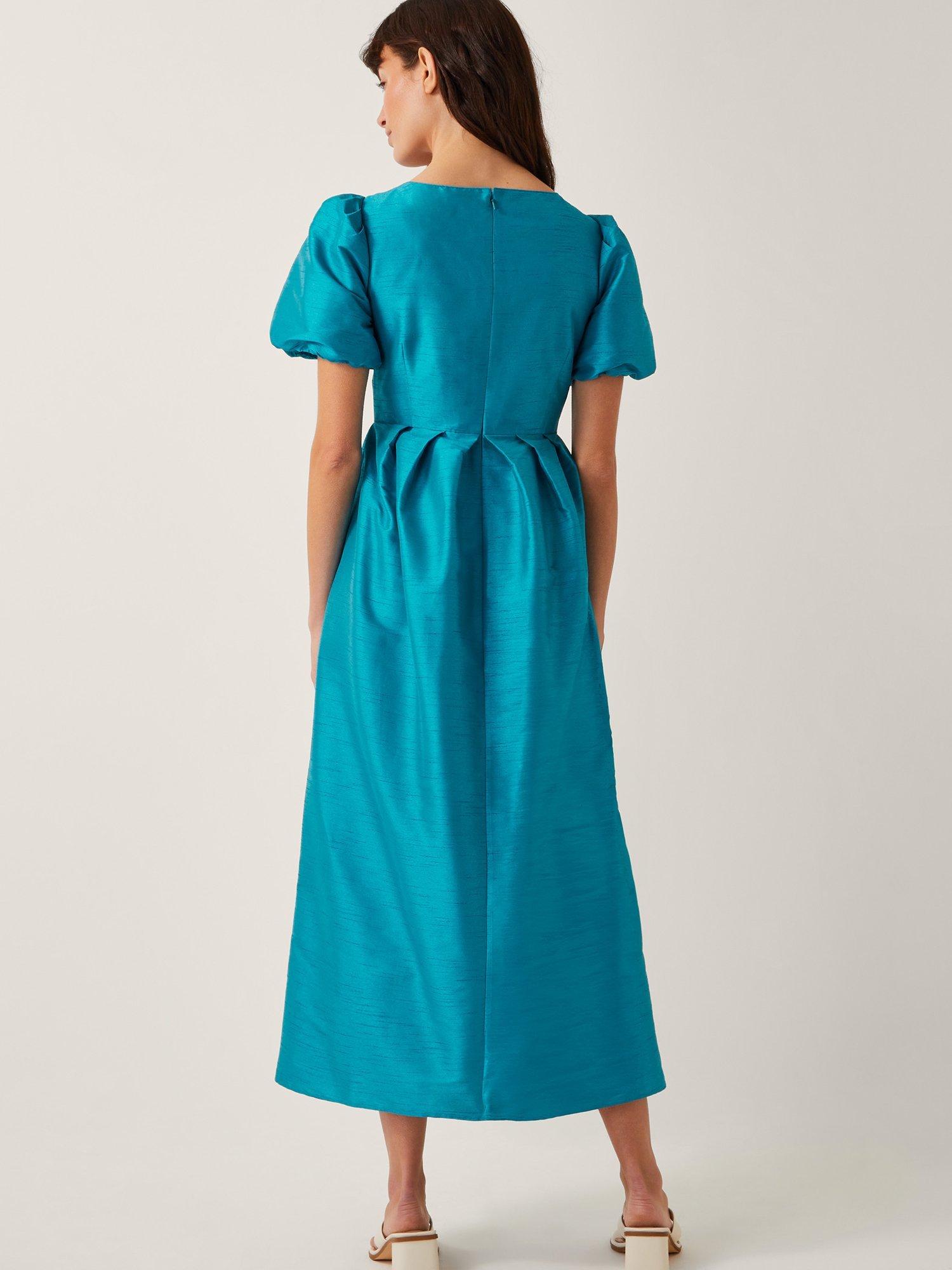 Product image 3 of 5, which shows Monsoon Sandra Puff Sleeve Midi Dress, Teal, 14