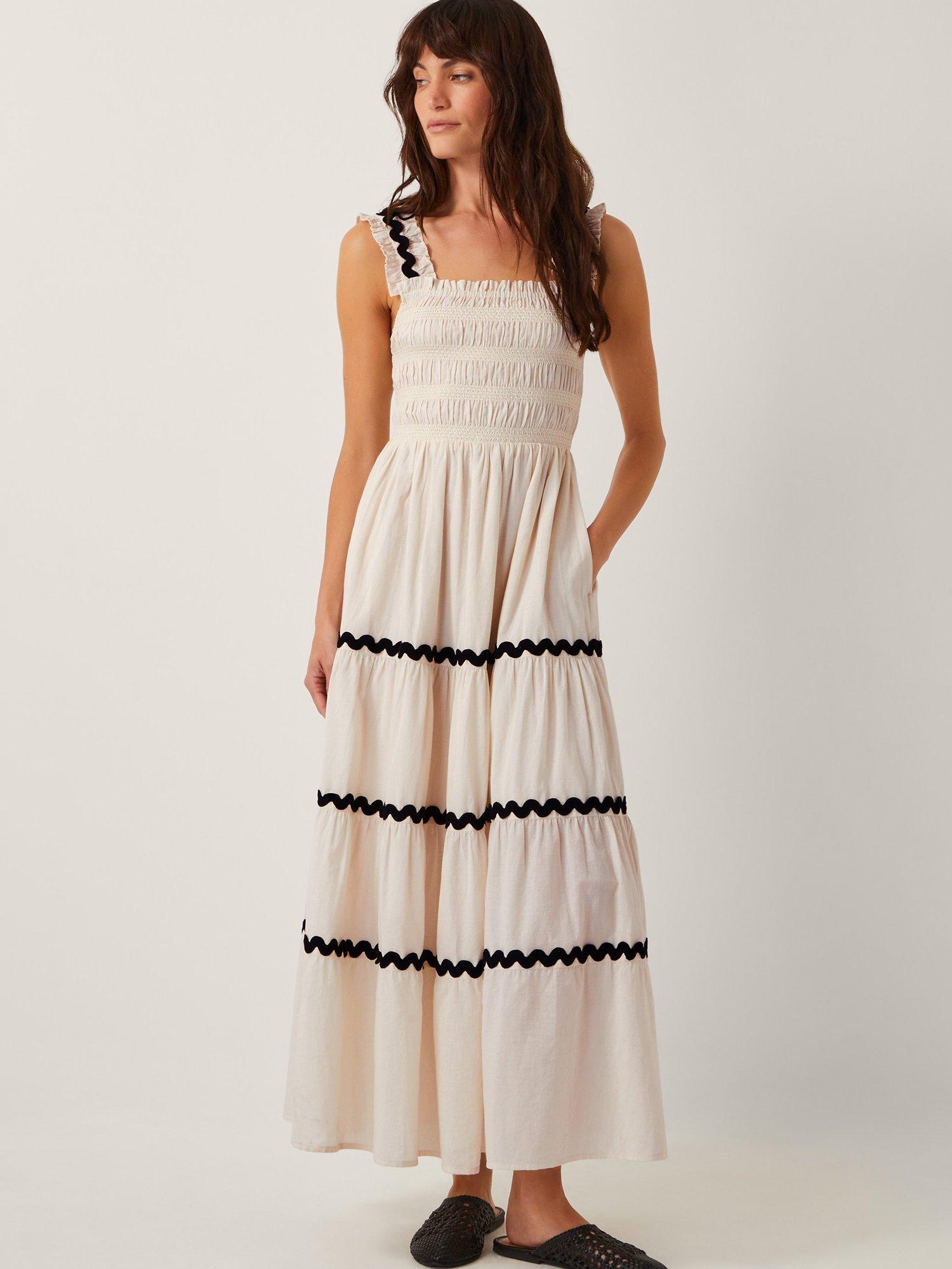 Product image 1 of 5, which shows Monsoon Tabitha Smocked Ric Rac Tiered Dress, Ivory, S