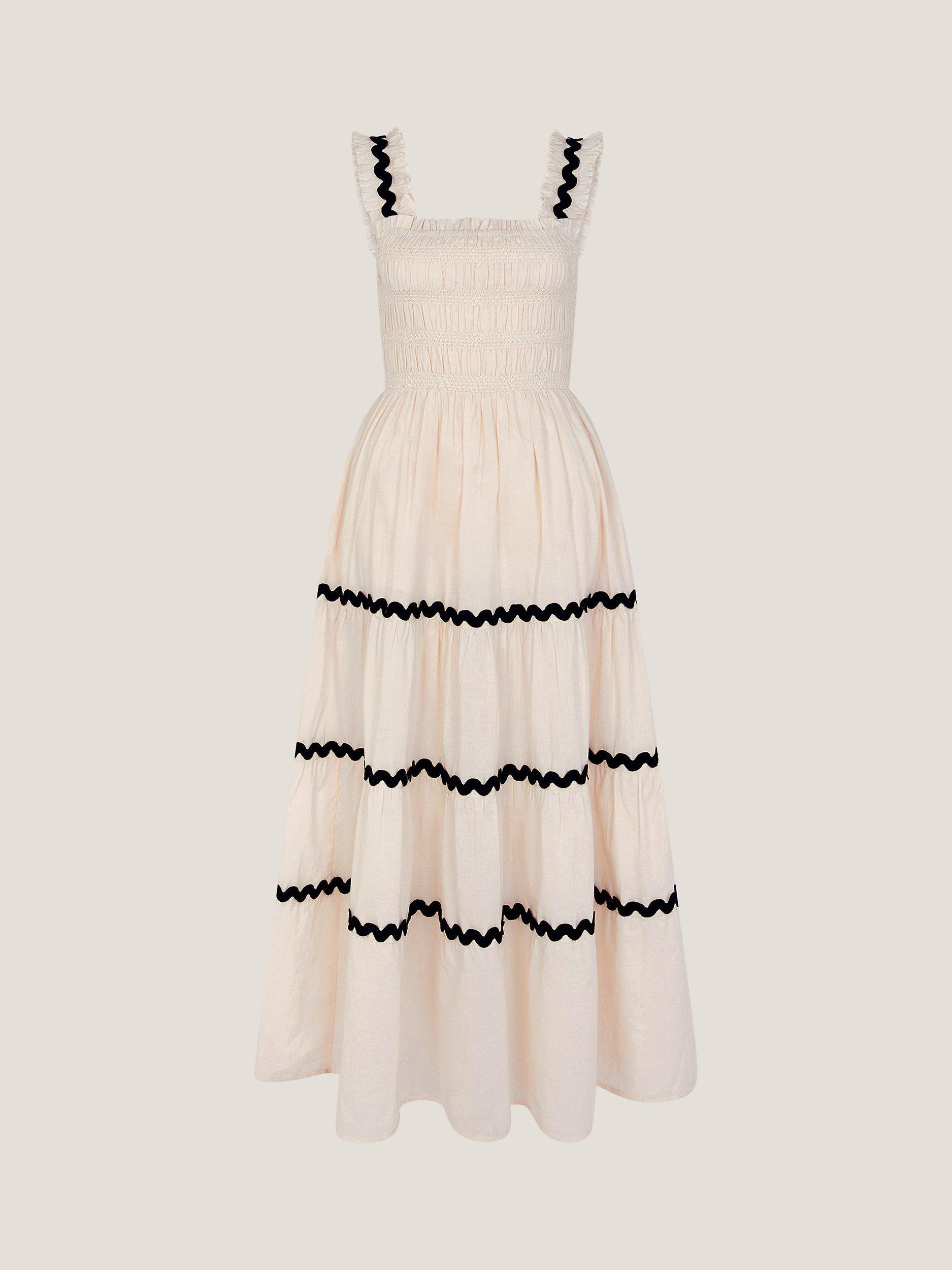 Product image 3 of 5, which shows Monsoon Tabitha Smocked Ric Rac Tiered Dress, Ivory, S
