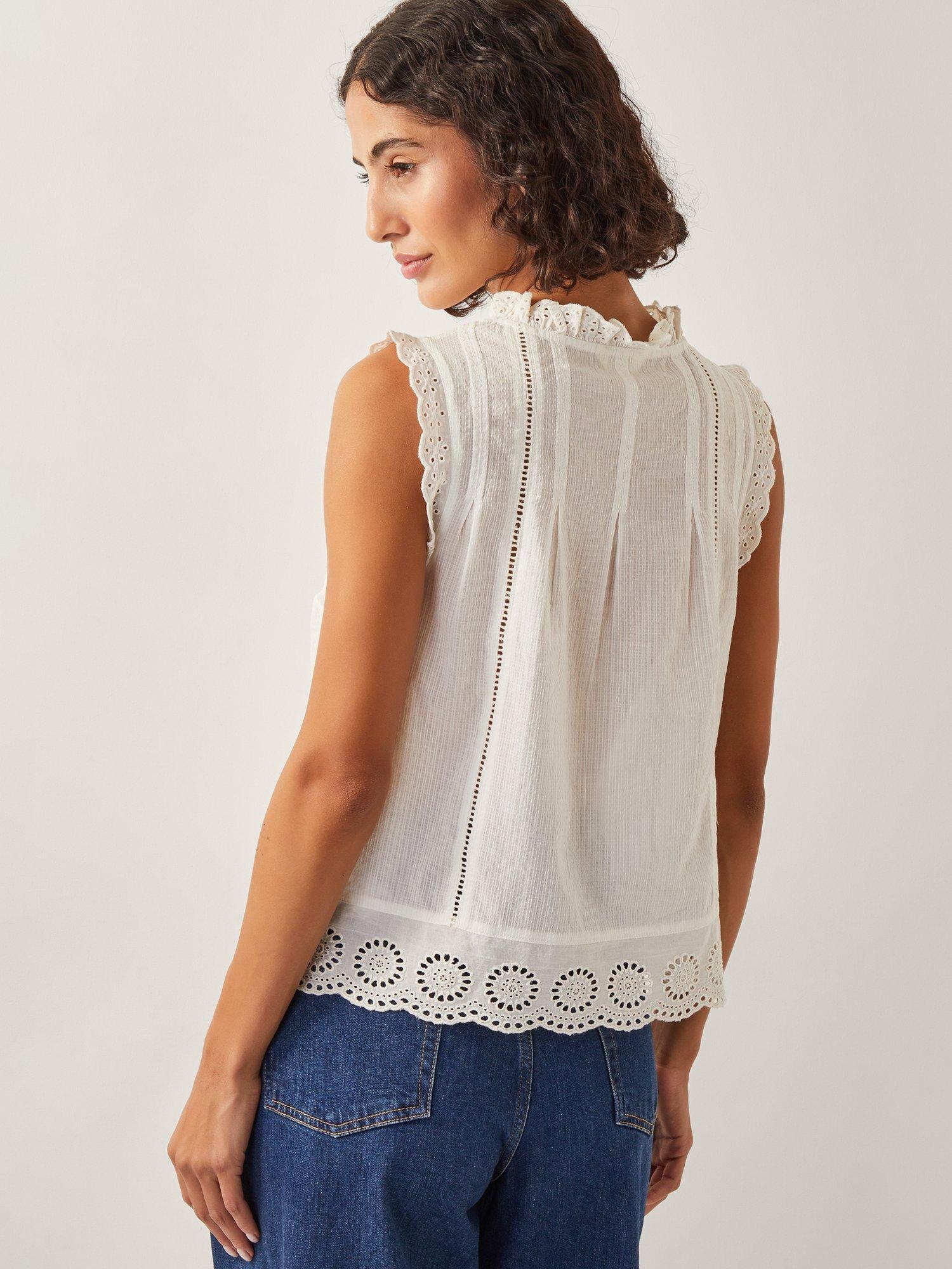 Product image 2 of 5, which shows Monsoon Trish Ruffle Sleeveless Shirt, Ivory, S