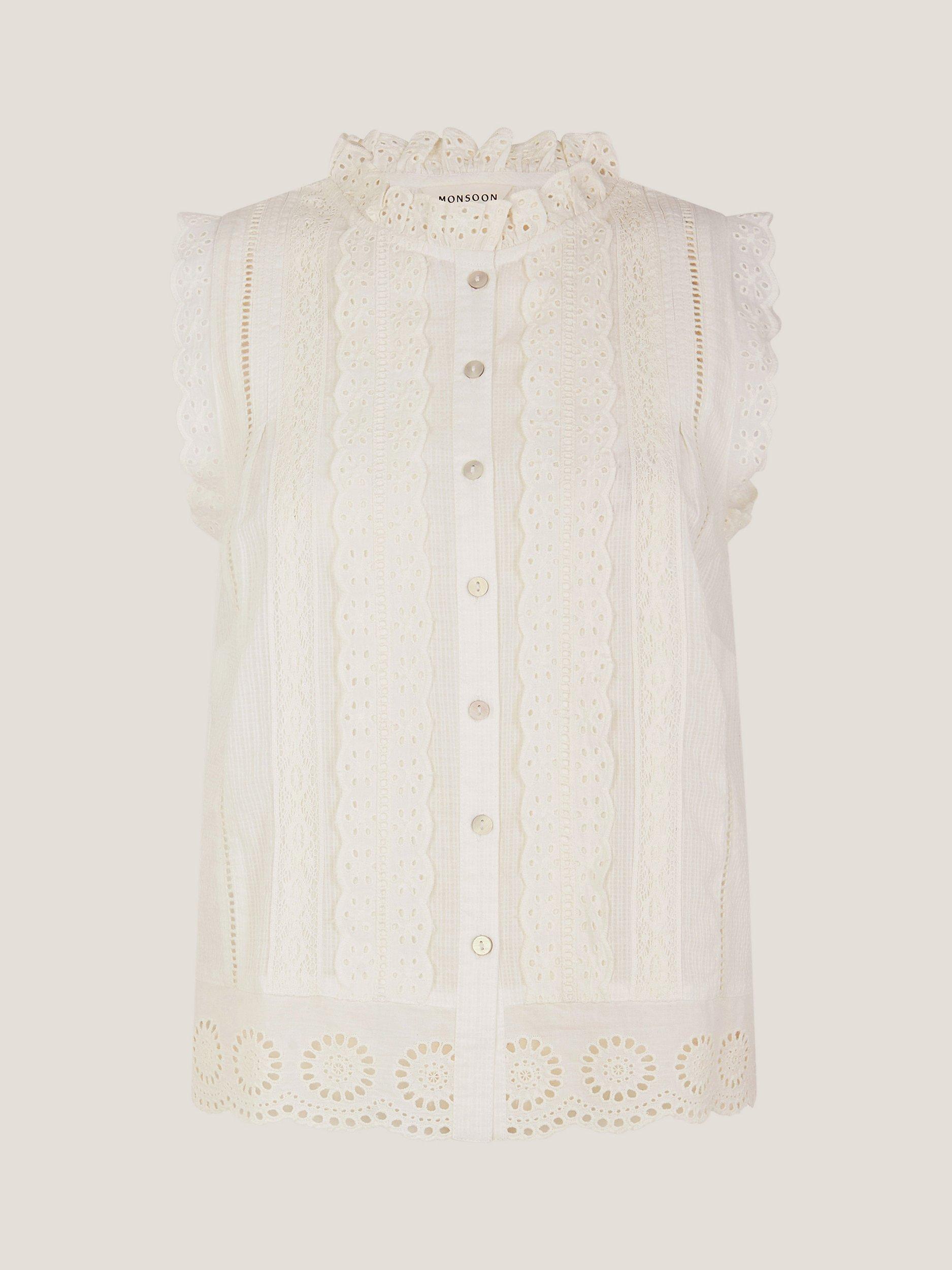 Product image 4 of 5, which shows Monsoon Trish Ruffle Sleeveless Shirt, Ivory, S