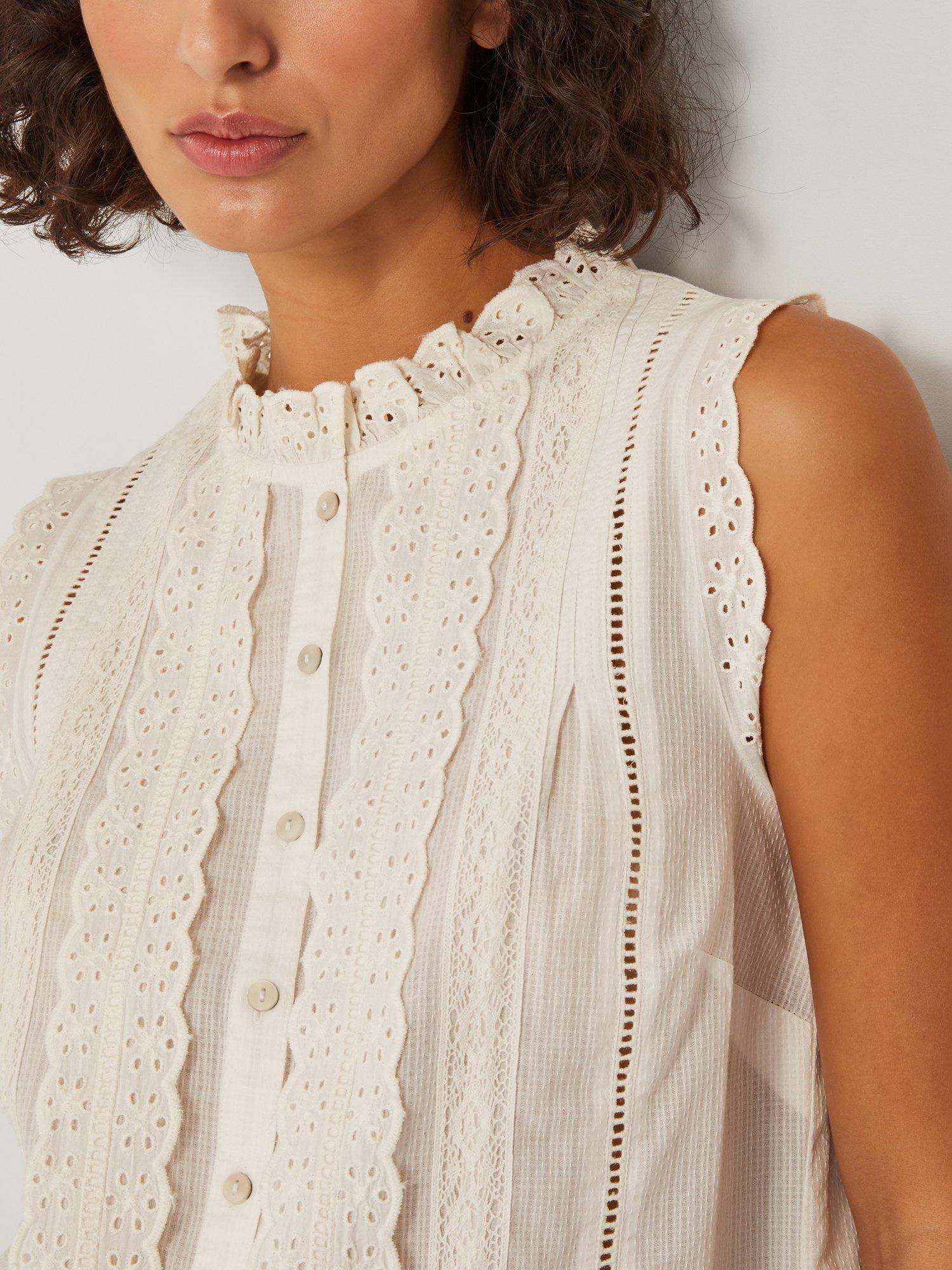 Product image 5 of 5, which shows Monsoon Trish Ruffle Sleeveless Shirt, Ivory, S