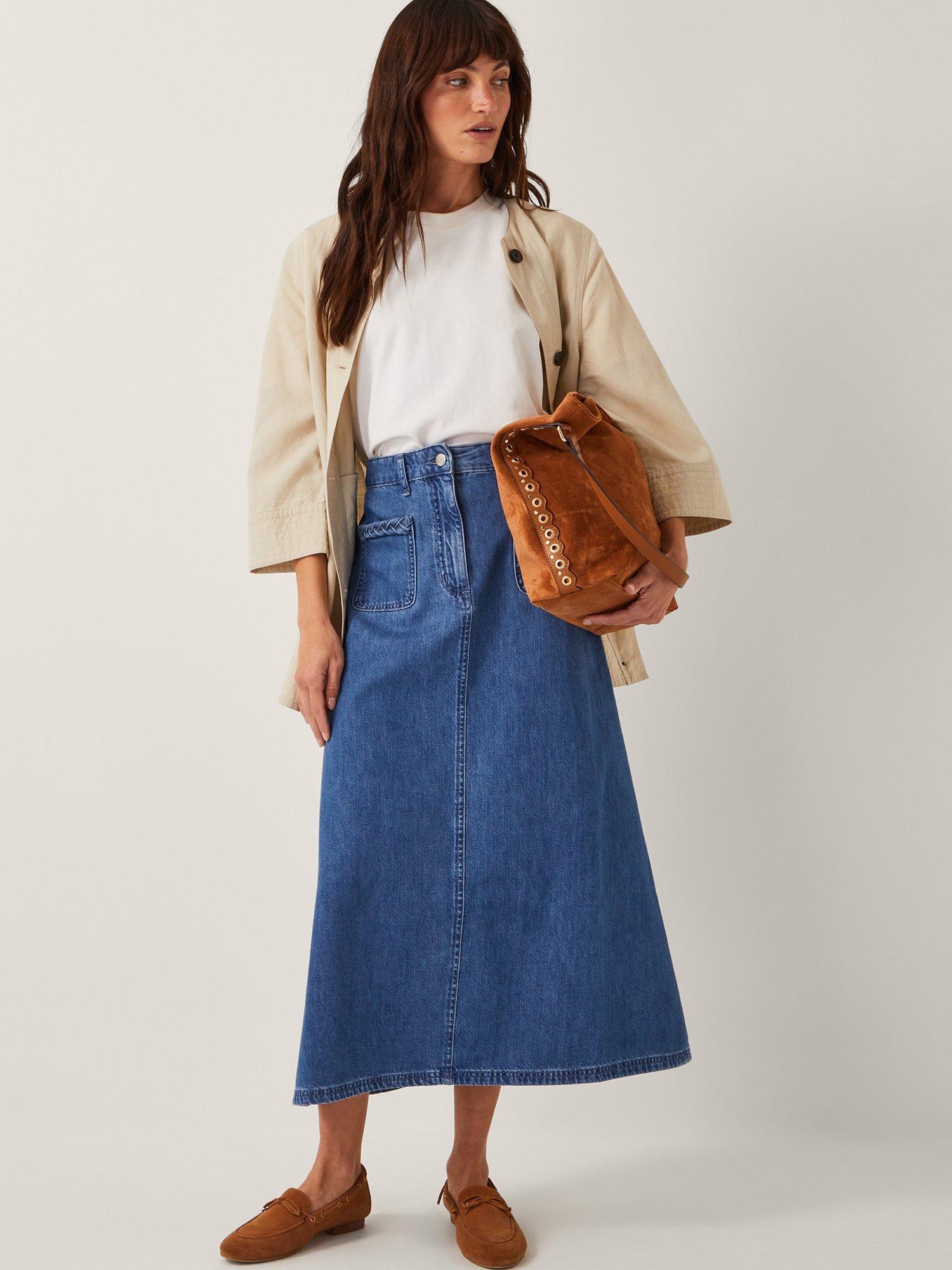Product image 3 of 4, which shows Monsoon Martha Denim Skirt, Blue, 8