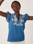 Monsoon Holly Embroidered Denim Top, Blue