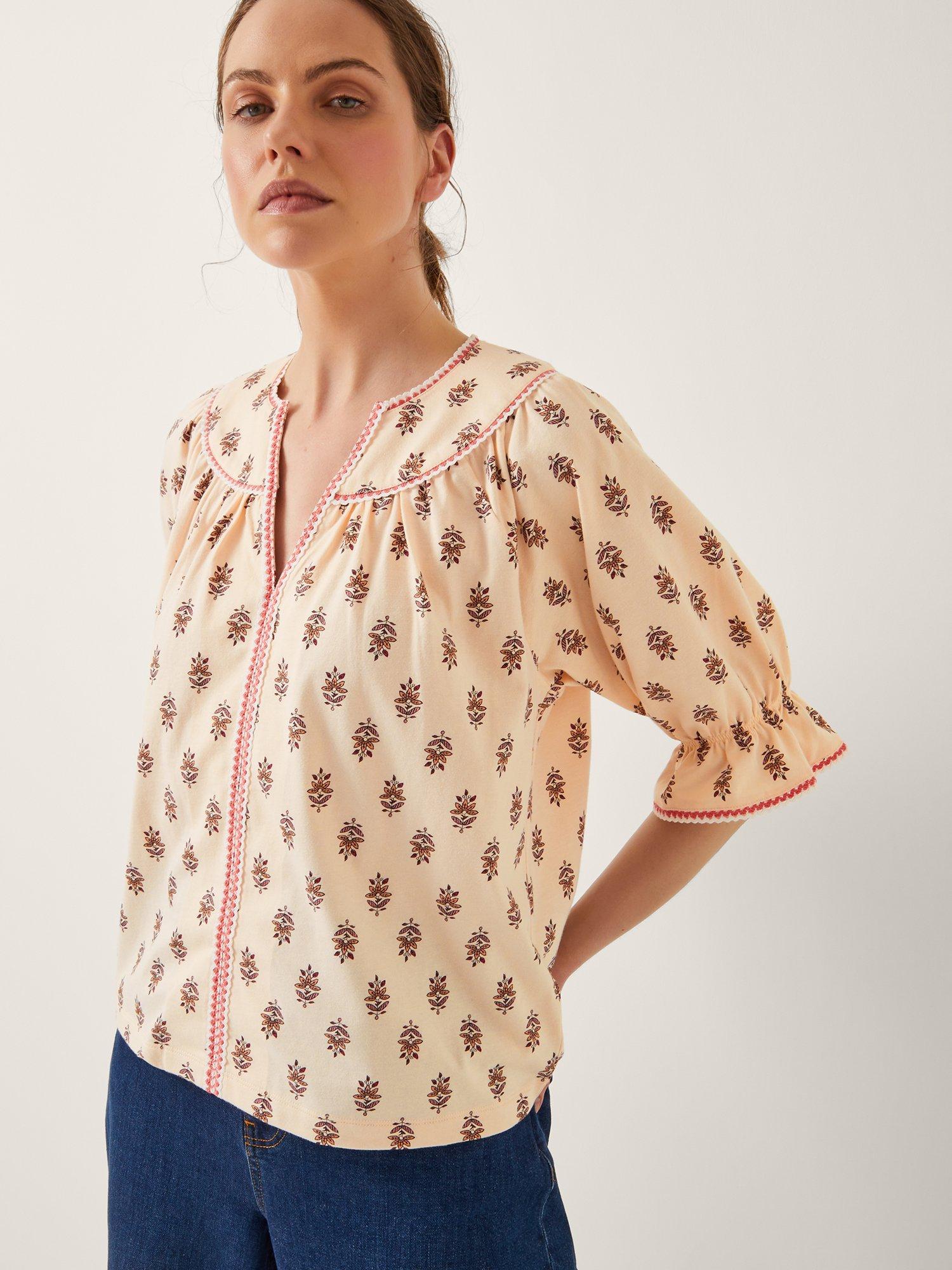 Product image 1 of 5, which shows Monsoon Laurie Jersey Floral Top, Ivory, S