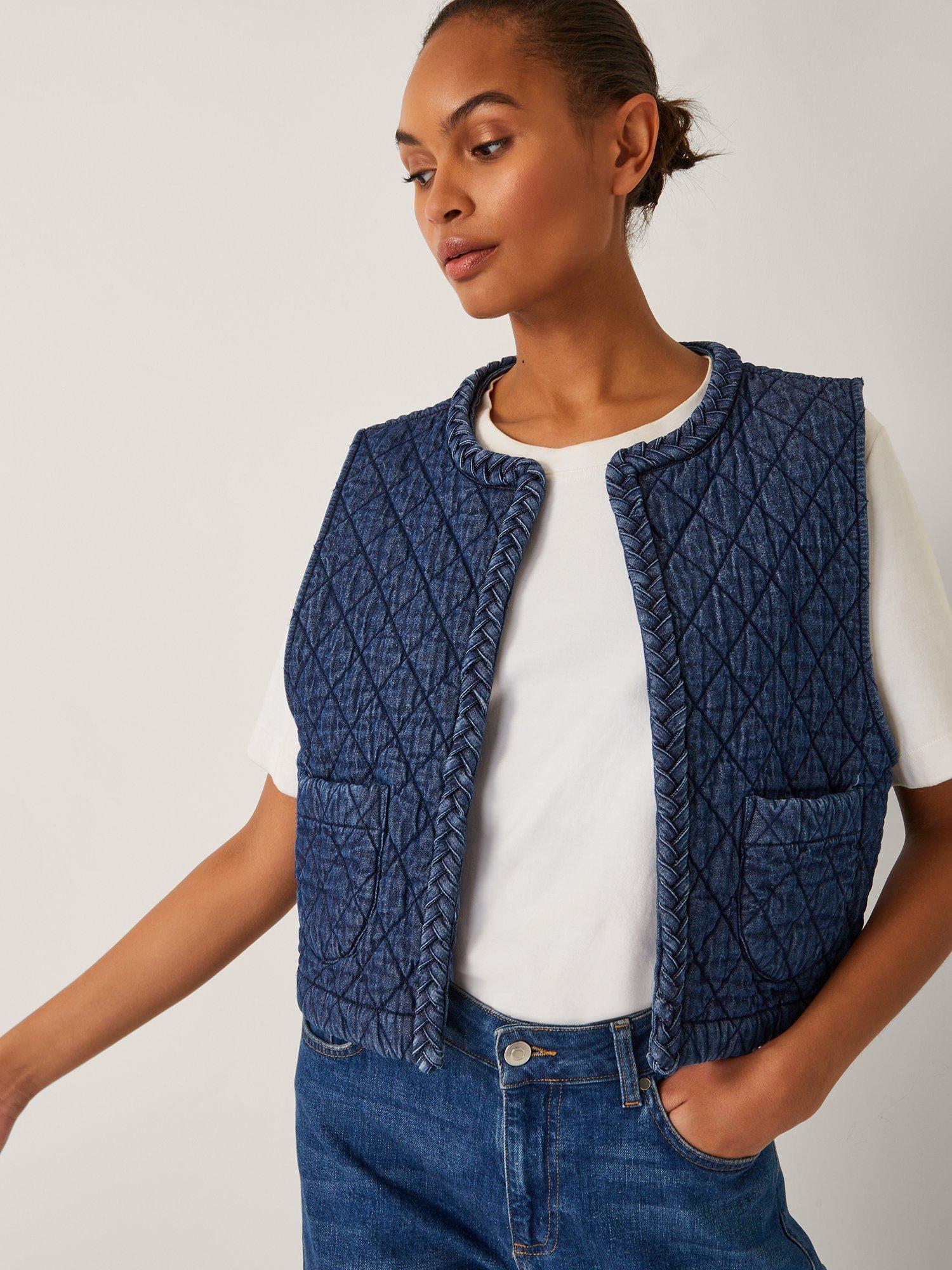 Product image 1 of 5, which shows Monsoon Martha Quilted Denim Waistcoat, Blue, S