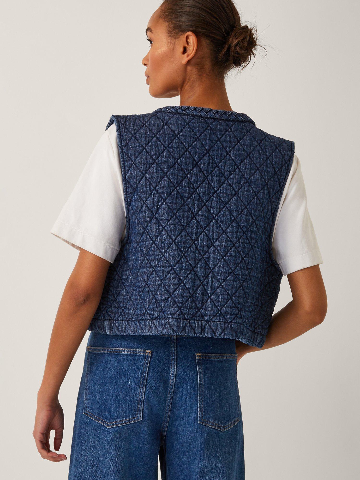 Product image 2 of 5, which shows Monsoon Martha Quilted Denim Waistcoat, Blue, S