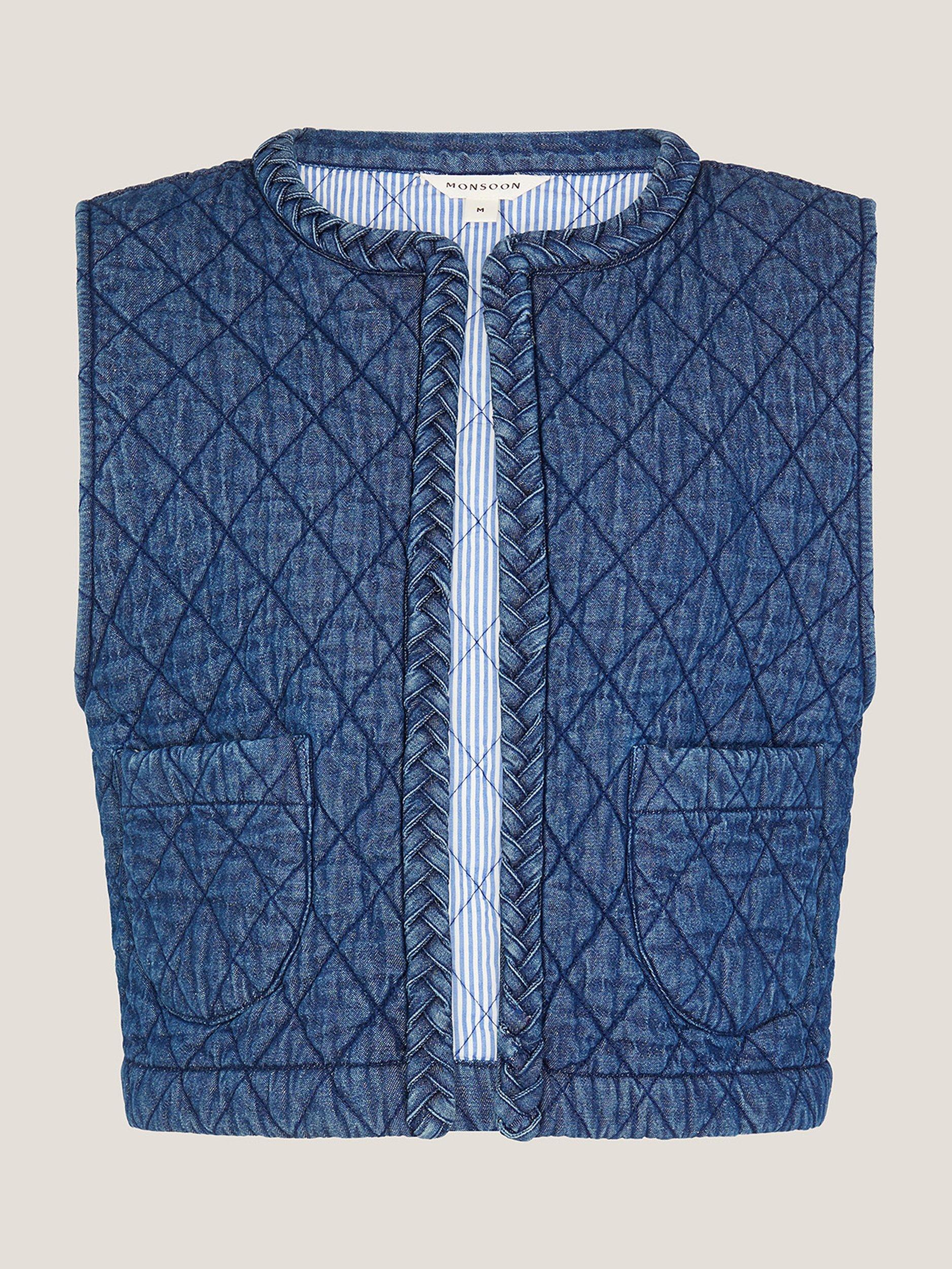 Product image 4 of 5, which shows Monsoon Martha Quilted Denim Waistcoat, Blue, S