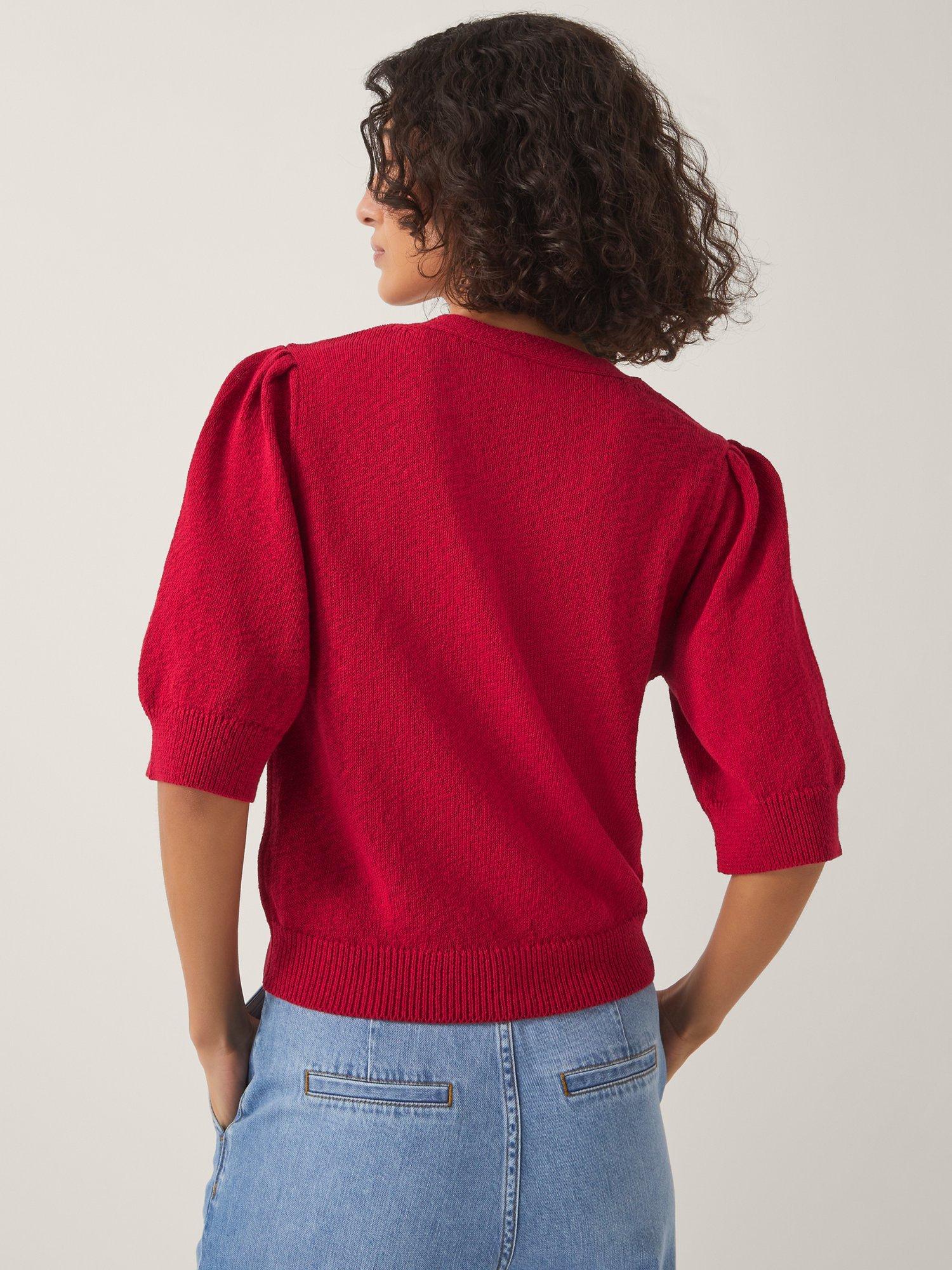 Product image 2 of 5, which shows Monsoon Ellen Floral Elbow Sleeve Cardigan, Red, S