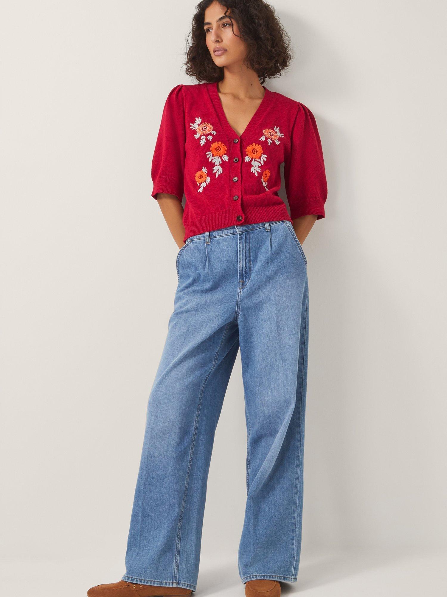 Product image 3 of 5, which shows Monsoon Ellen Floral Elbow Sleeve Cardigan, Red, S