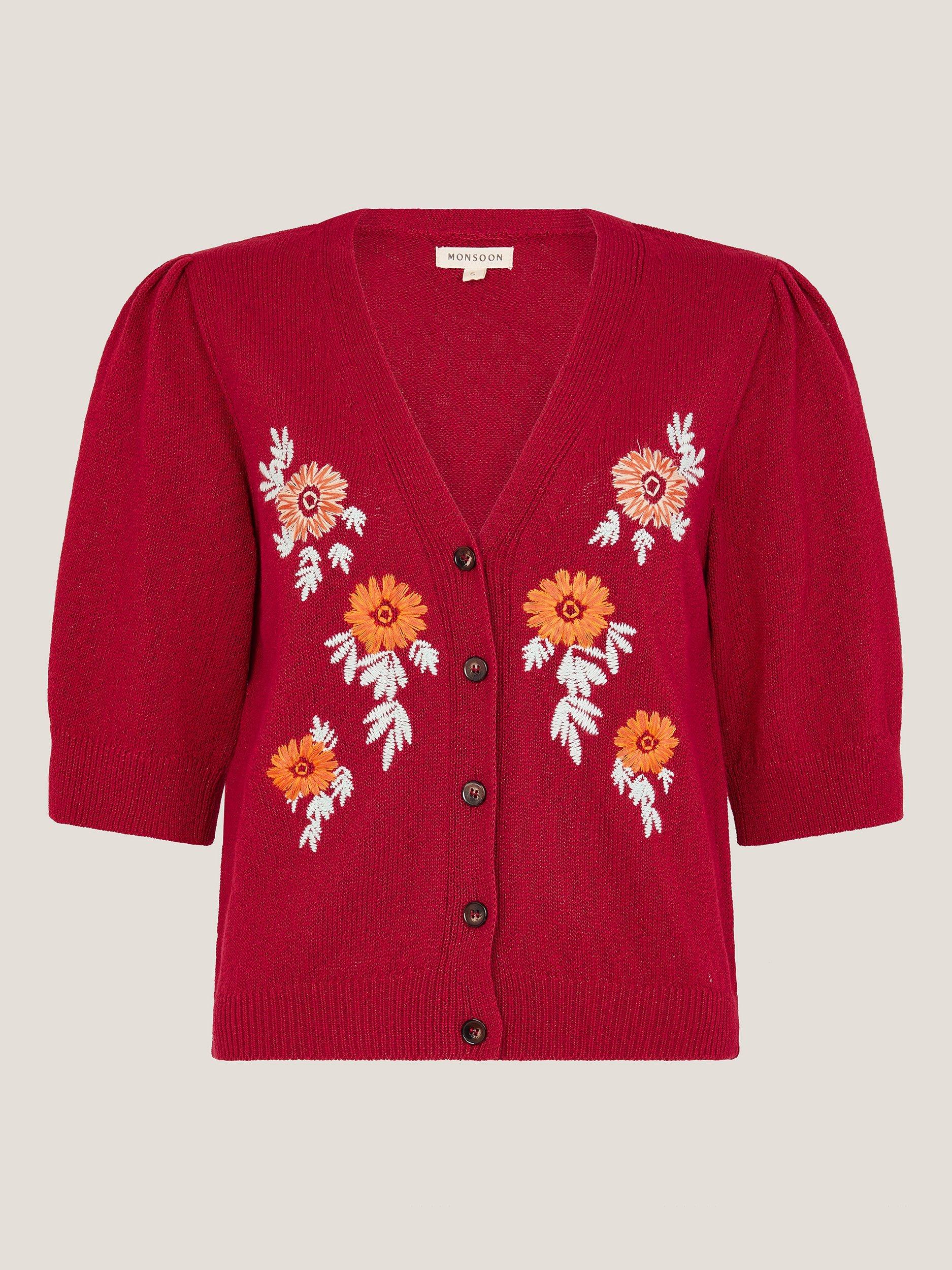 Product image 4 of 5, which shows Monsoon Ellen Floral Elbow Sleeve Cardigan, Red, S