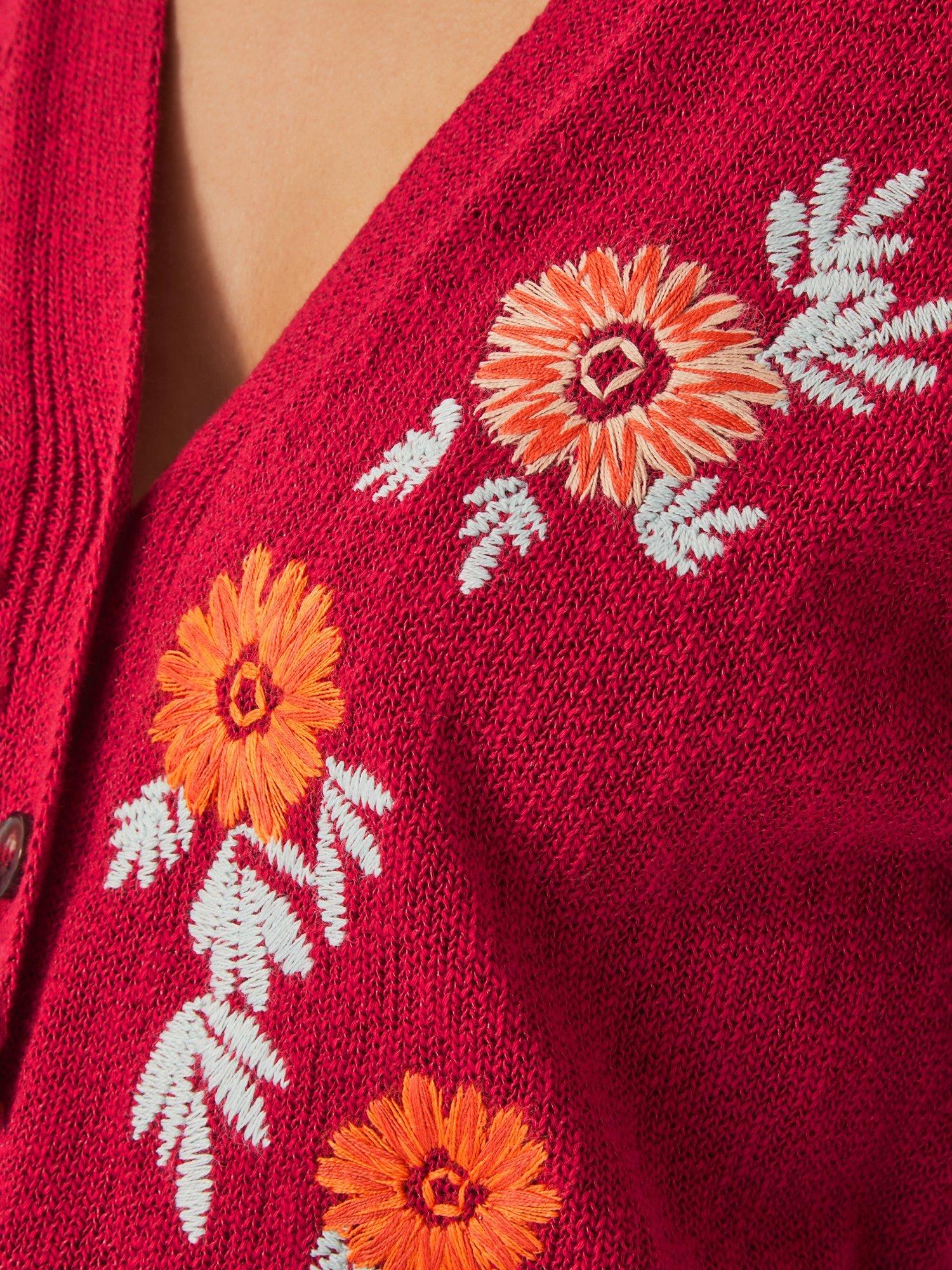 Product image 5 of 5, which shows Monsoon Ellen Floral Elbow Sleeve Cardigan, Red, S