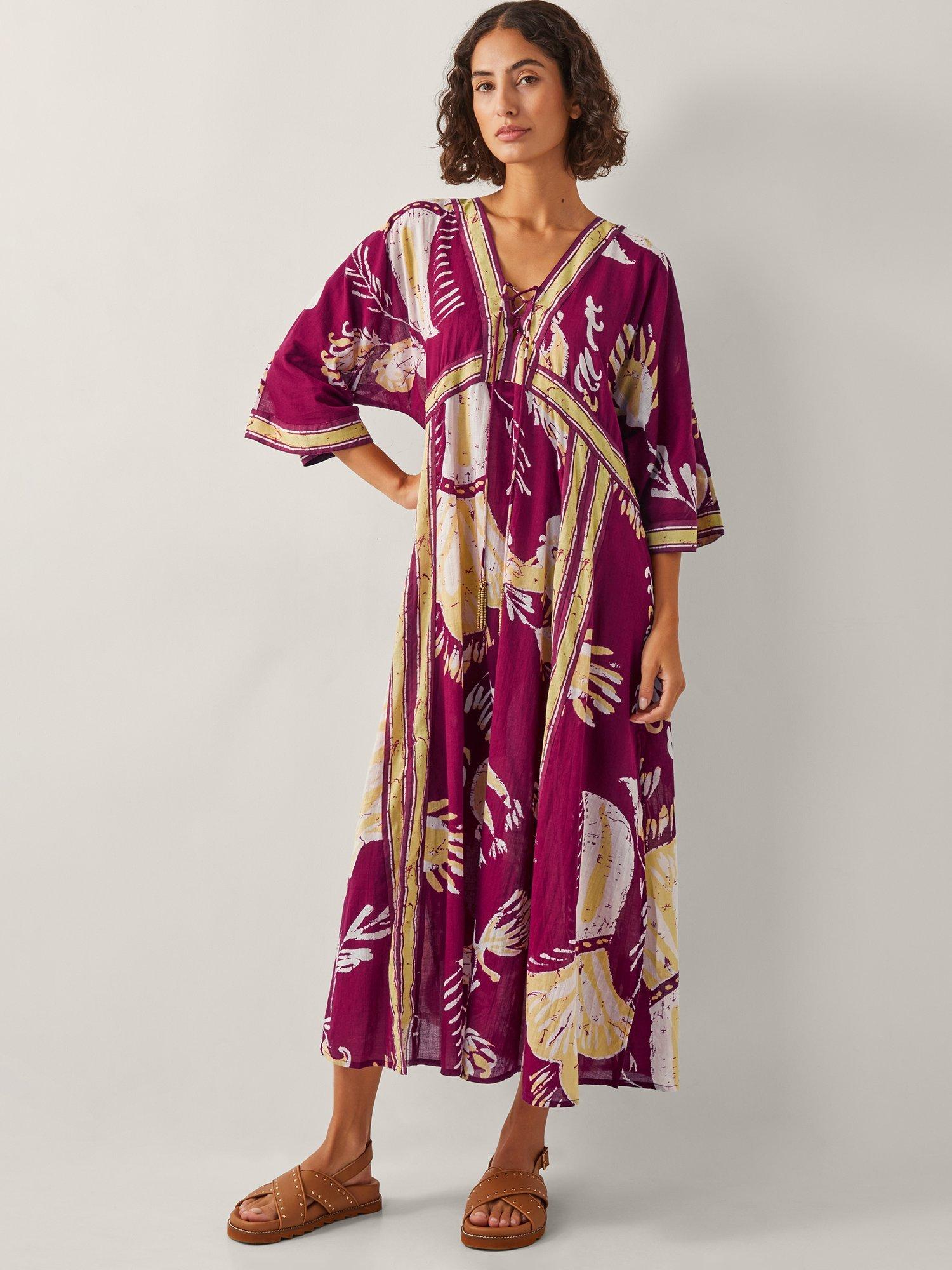Product image 1 of 5, which shows Monsoon Amisha Oversized Palm Print Midi Dress, Burgundy/Multi, S