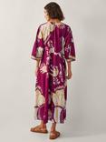 Monsoon Amisha Oversized Palm Print Midi Dress, Burgundy/Multi