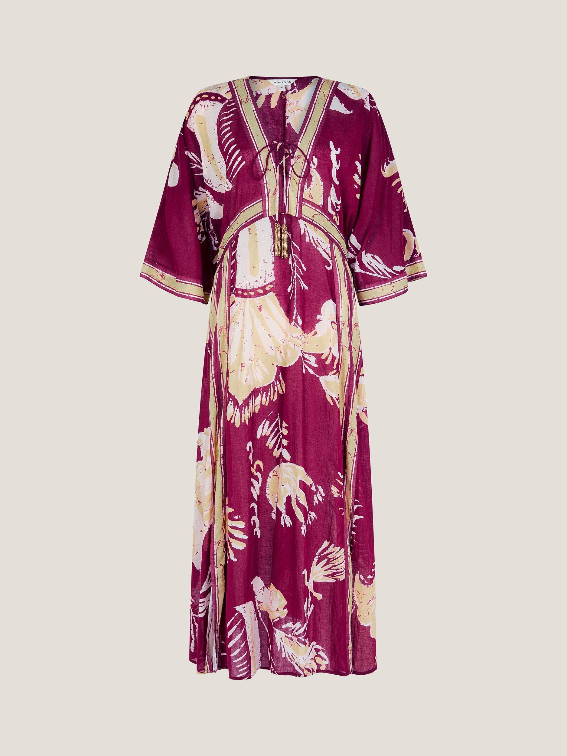 Product image 3 of 5, which shows Monsoon Amisha Oversized Palm Print Midi Dress, Burgundy/Multi, S