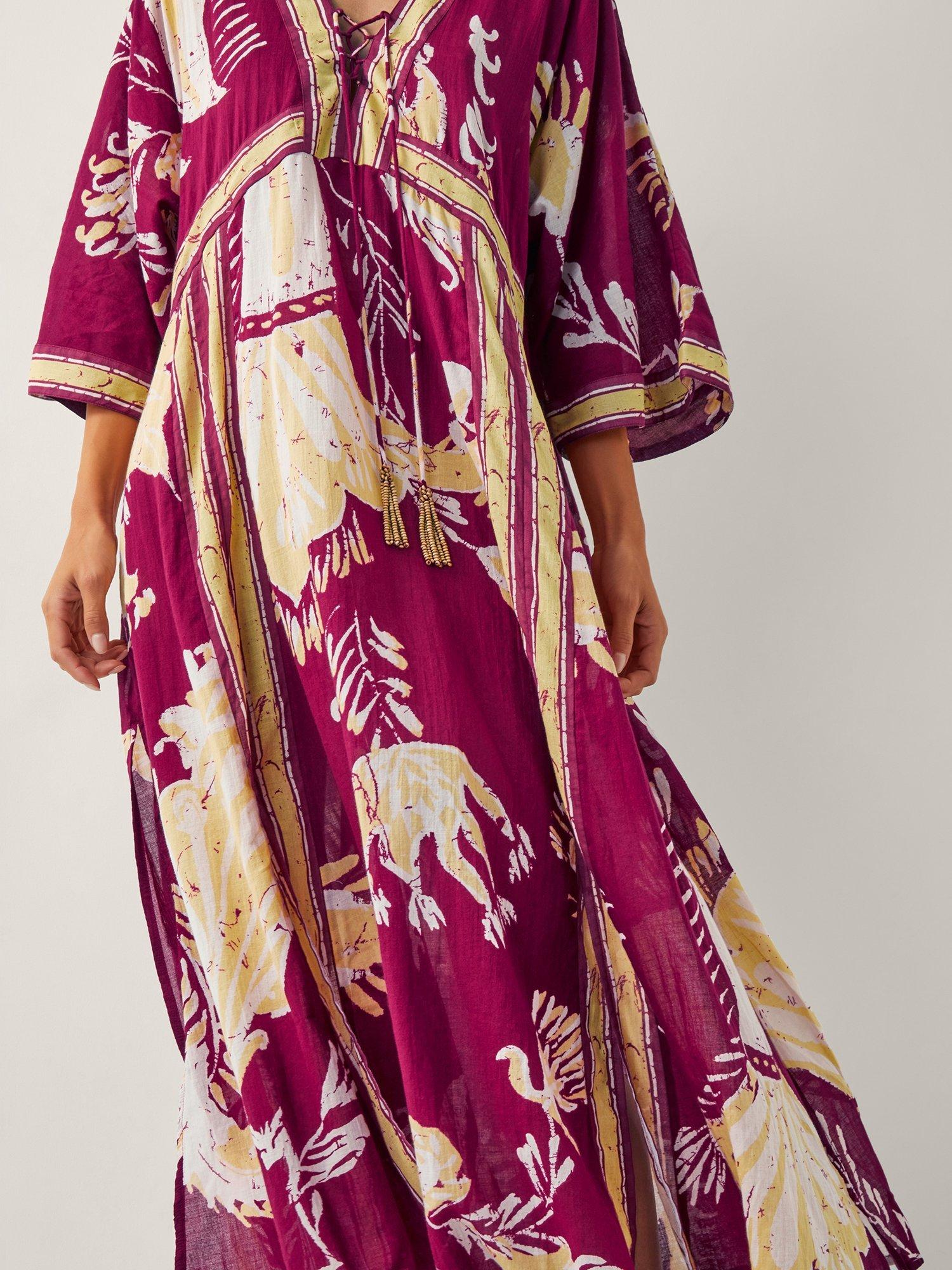 Product image 4 of 5, which shows Monsoon Amisha Oversized Palm Print Midi Dress, Burgundy/Multi, S