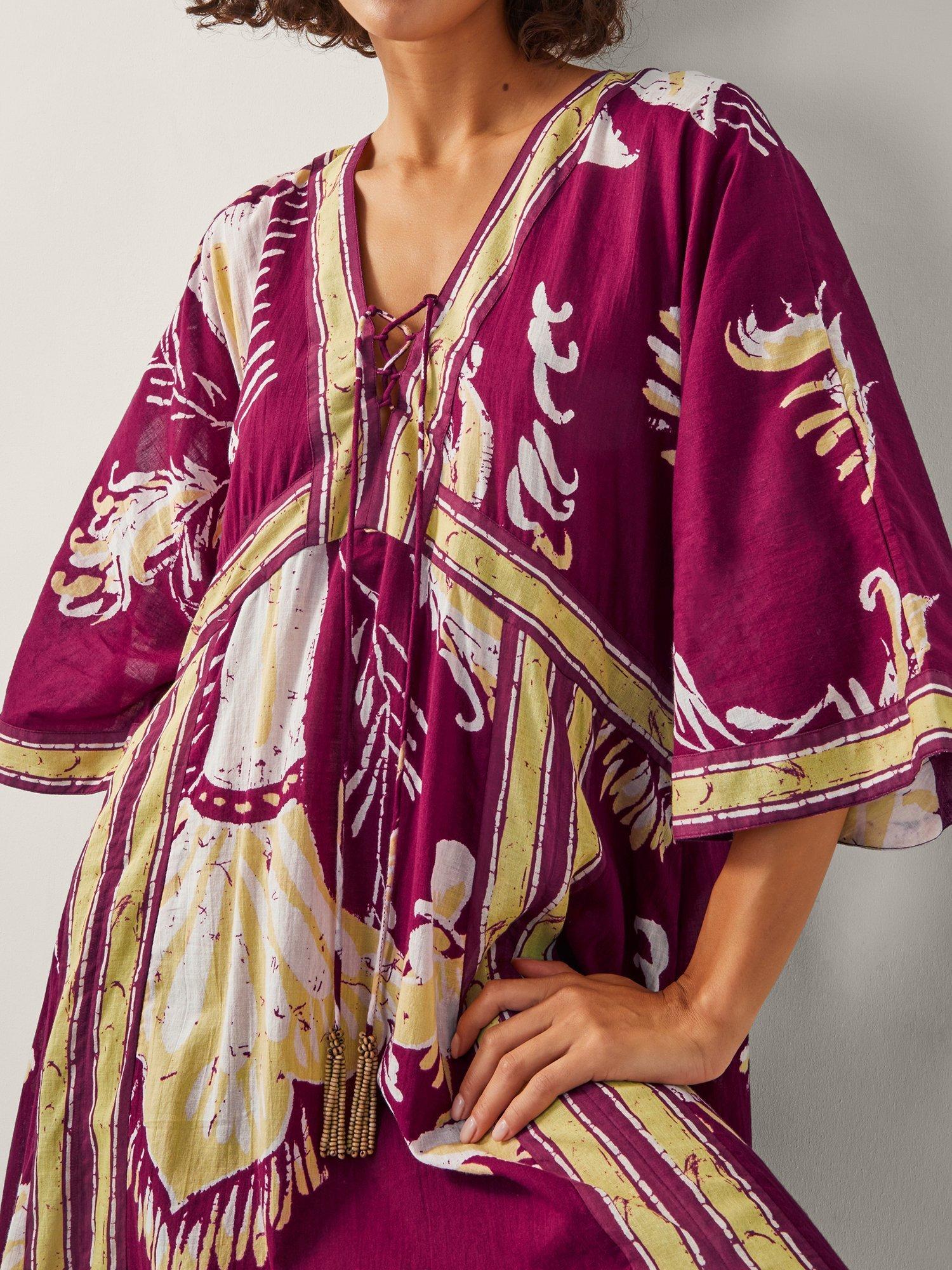 Product image 5 of 5, which shows Monsoon Amisha Oversized Palm Print Midi Dress, Burgundy/Multi, S