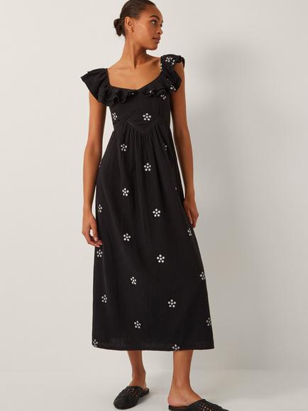 Monsoon Daisy Ruffle Sleeve Midi Dress, Black, Black