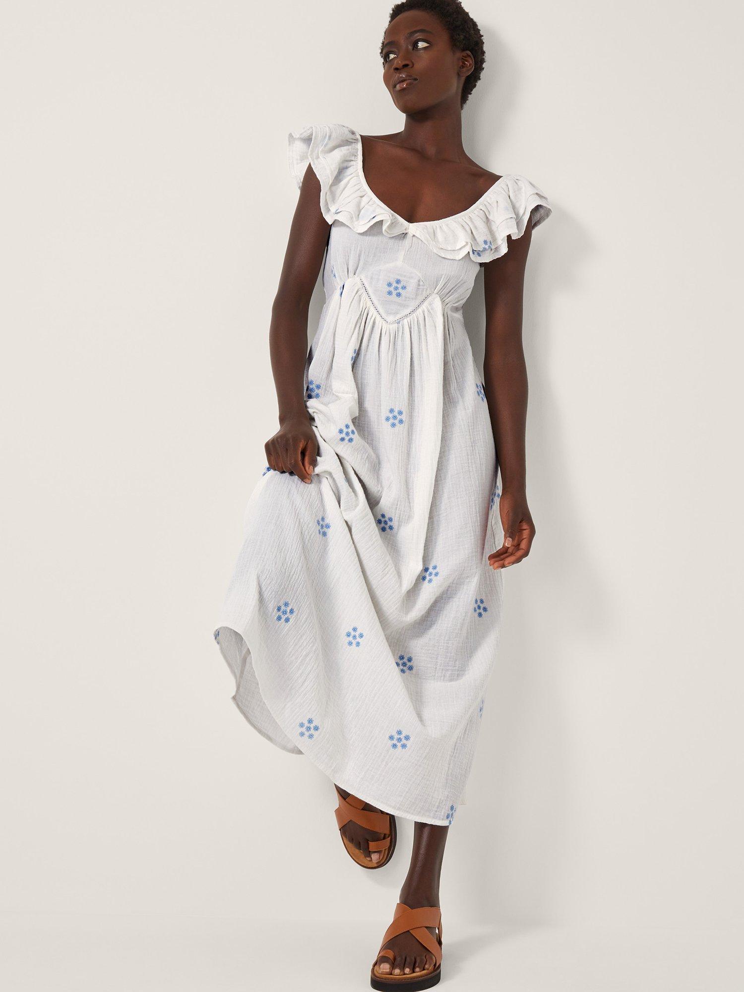 Product image 1 of 5, which shows Monsoon Daisy Cotton Midi Dress, White, S