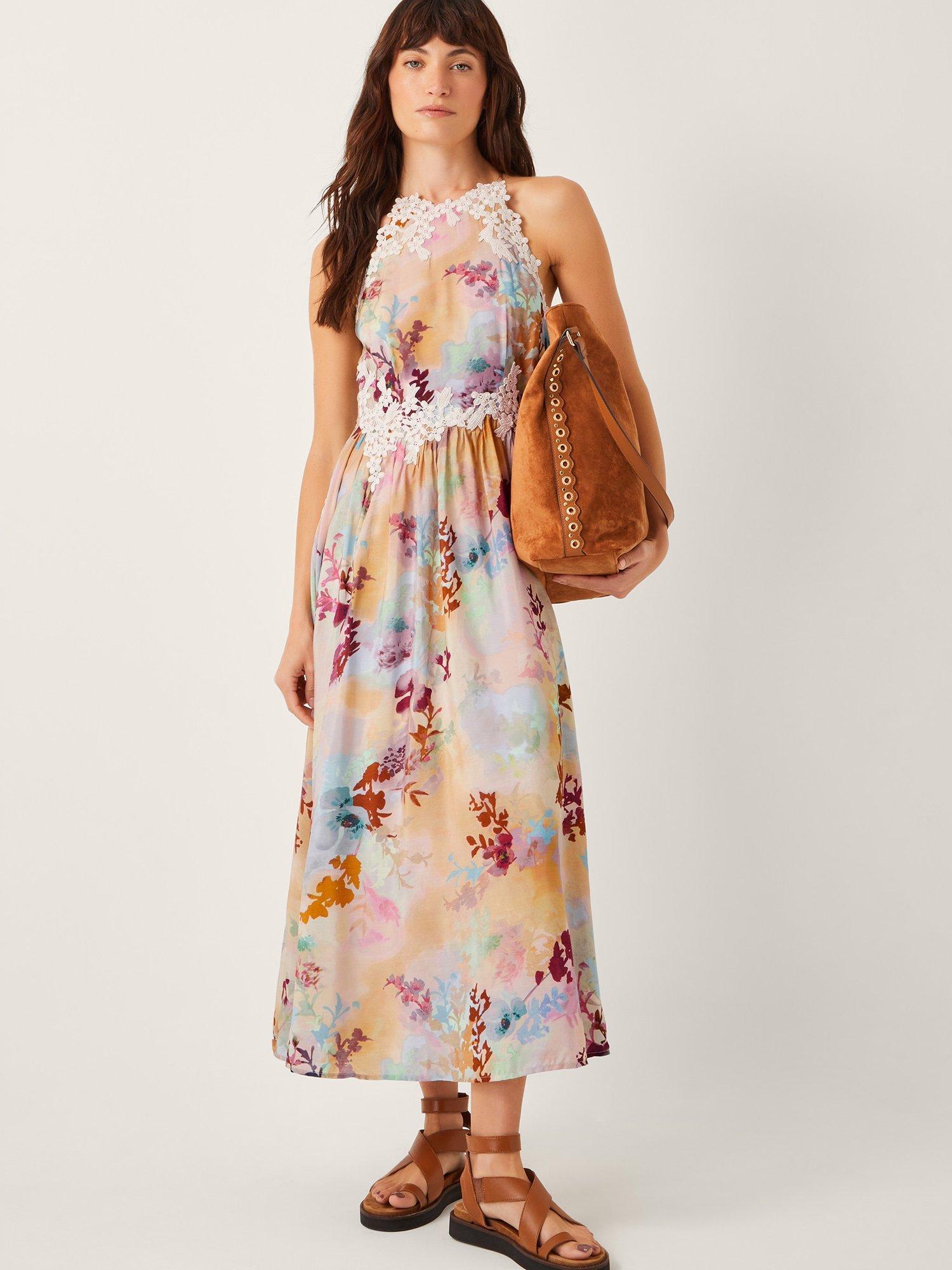 Product image 5 of 5, which shows Monsoon Mia Watercolour Floral Midi Dress, Multi, 8