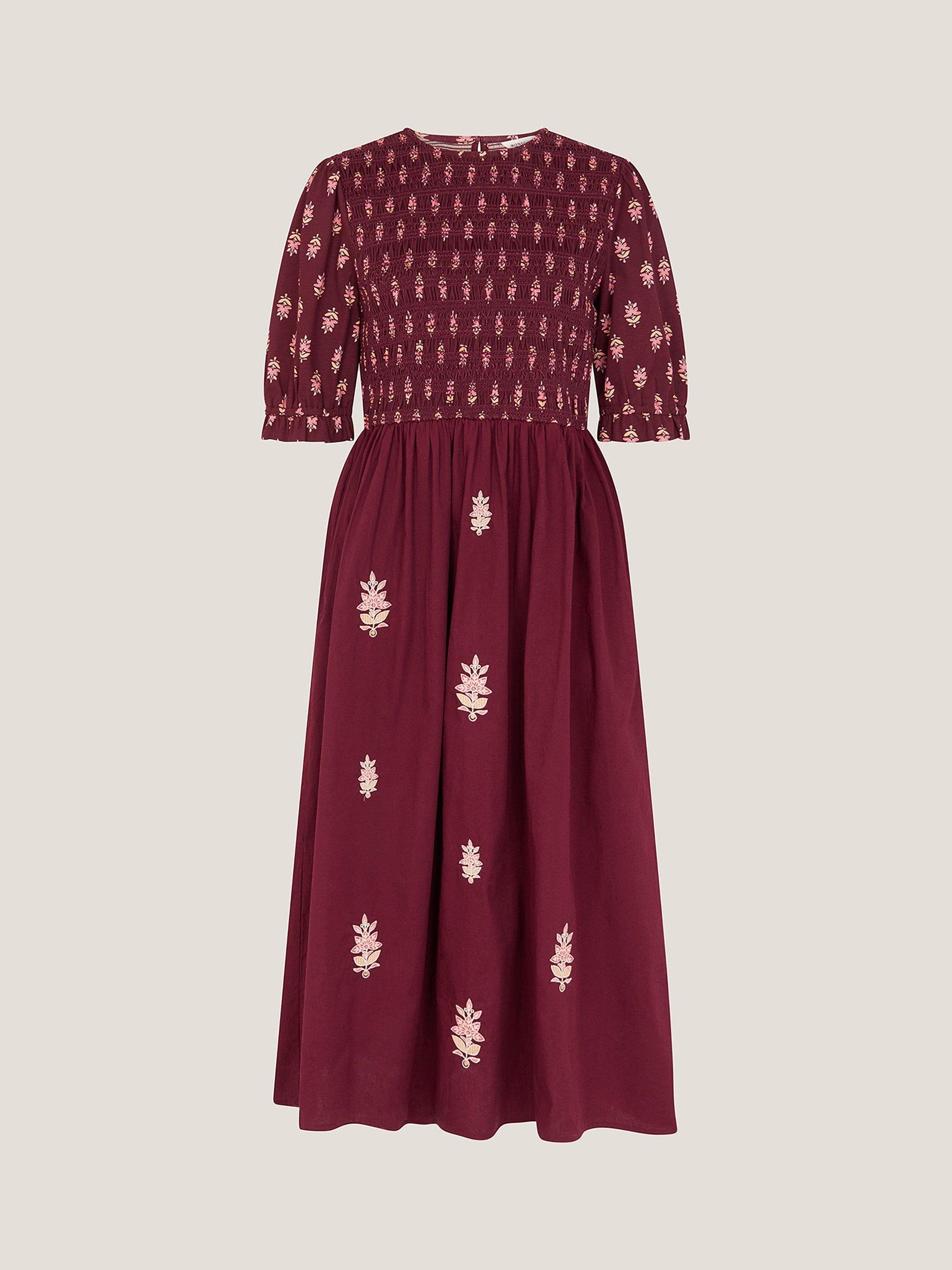 Product image 3 of 5, which shows Monsoon Laurie Pattern Block Midi Dress, Berry, S