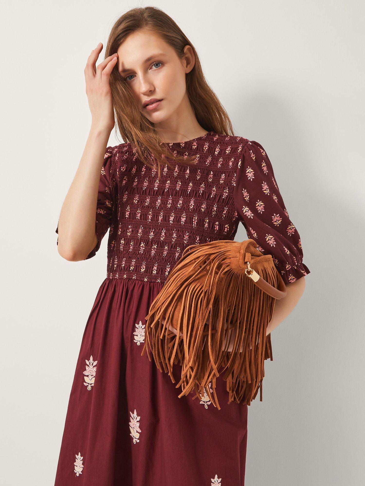 Product image 4 of 5, which shows Monsoon Laurie Pattern Block Midi Dress, Berry, S