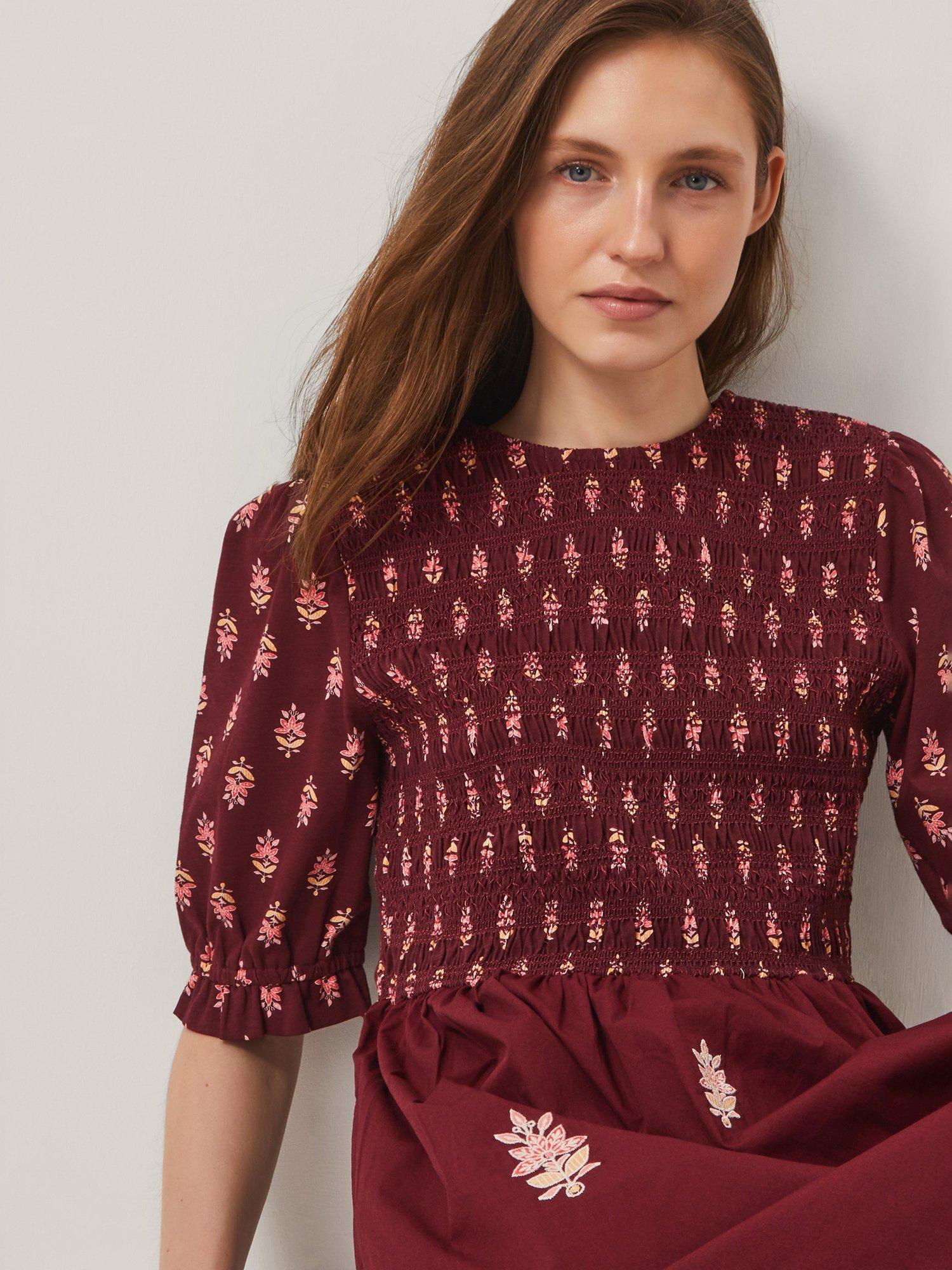 Product image 5 of 5, which shows Monsoon Laurie Pattern Block Midi Dress, Berry, S