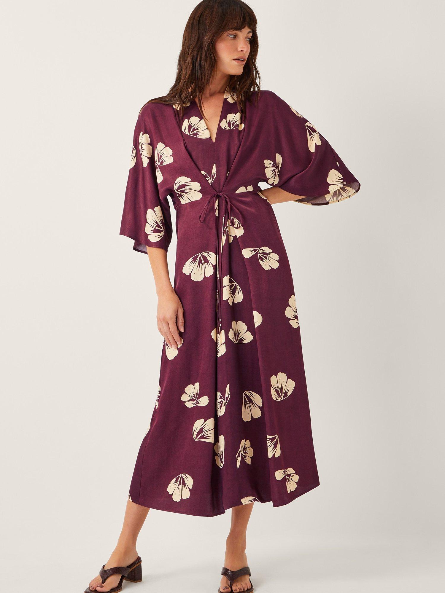 Product image 1 of 5, which shows Monsoon Roz Floral Midi Dress, Burgundy, S