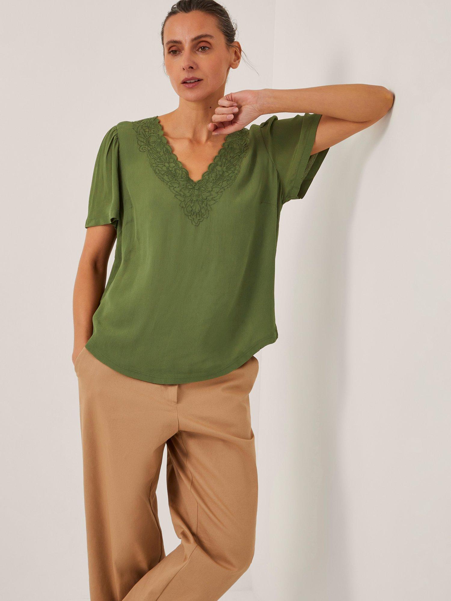 Product image 1 of 5, which shows Monsoon Lisa Lace Detail T-Shirt, Khaki, S
