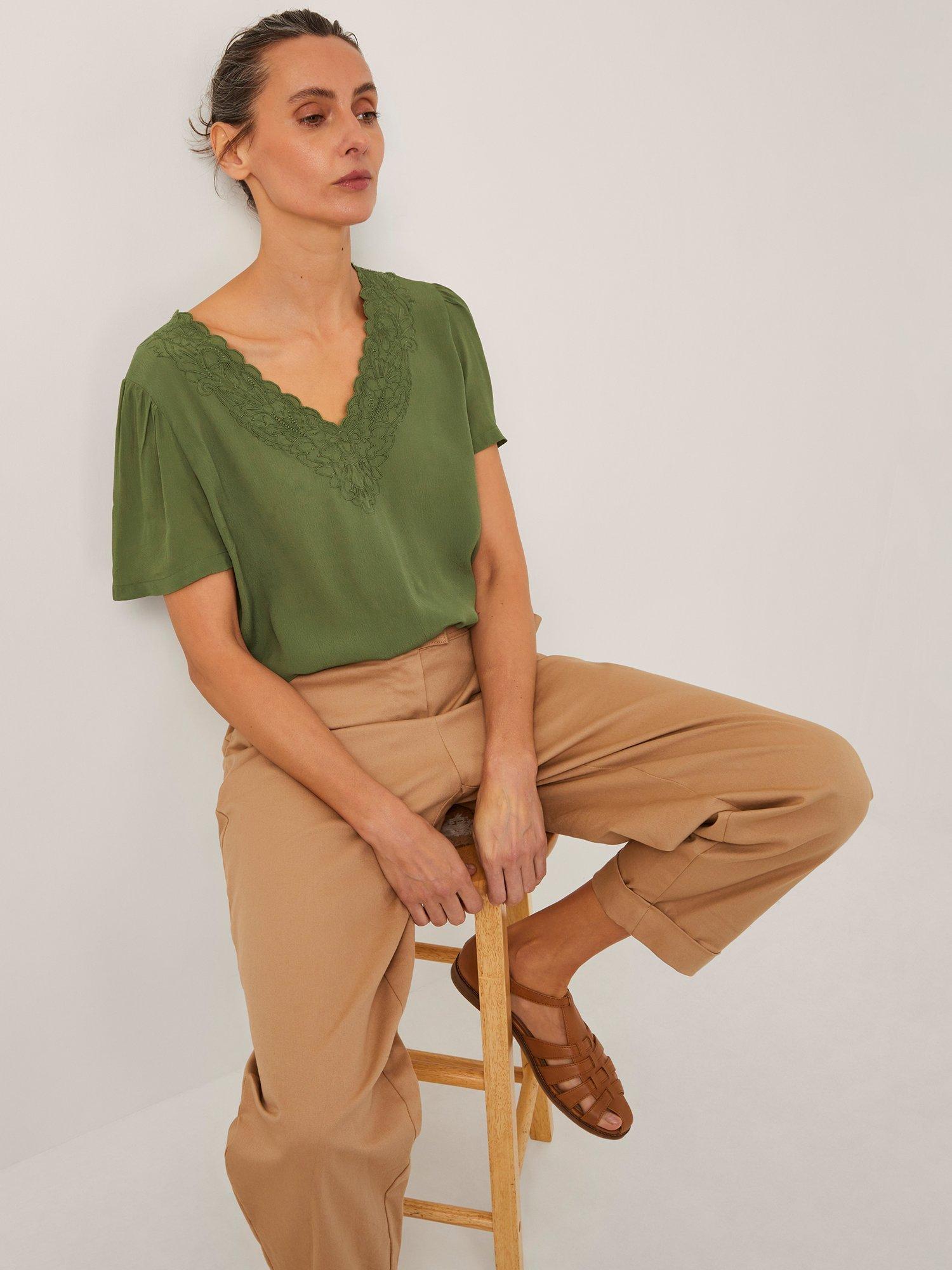 Product image 3 of 5, which shows Monsoon Lisa Lace Detail T-Shirt, Khaki, S