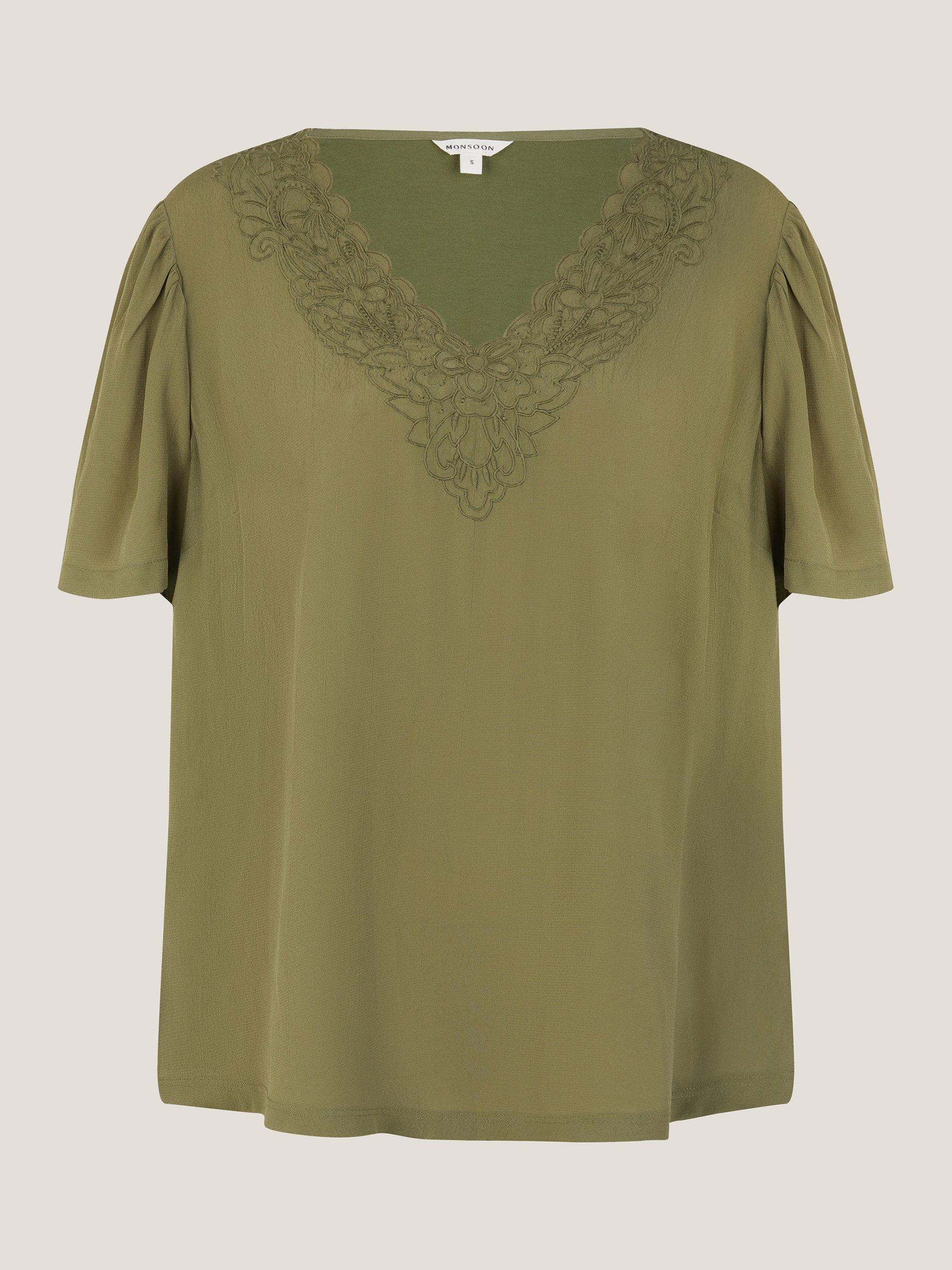 Product image 5 of 5, which shows Monsoon Lisa Lace Detail T-Shirt, Khaki, S