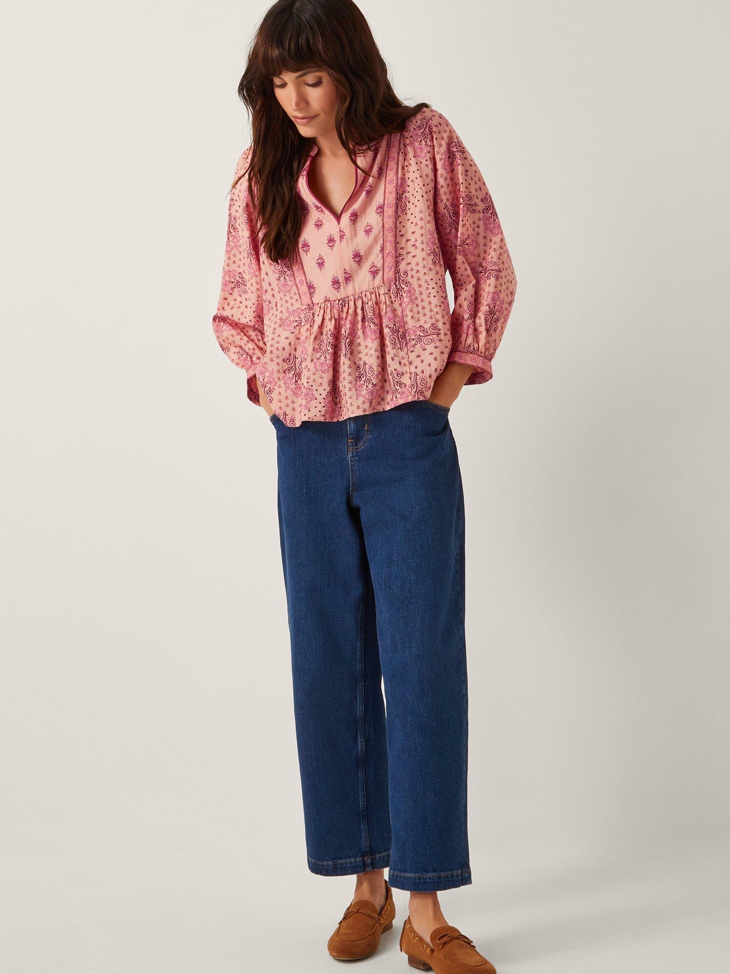 Product image 1 of 5, which shows Monsoon Sybil Contrast Floral Blouse, Coral, S