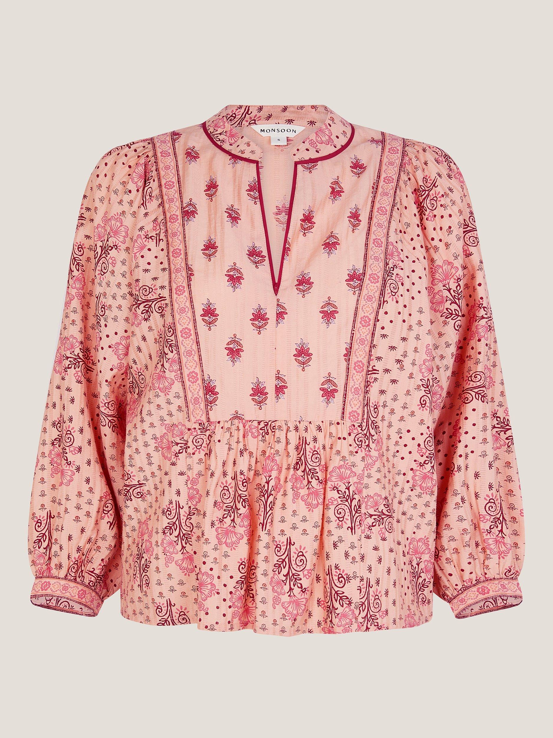 Product image 3 of 5, which shows Monsoon Sybil Contrast Floral Blouse, Coral, S