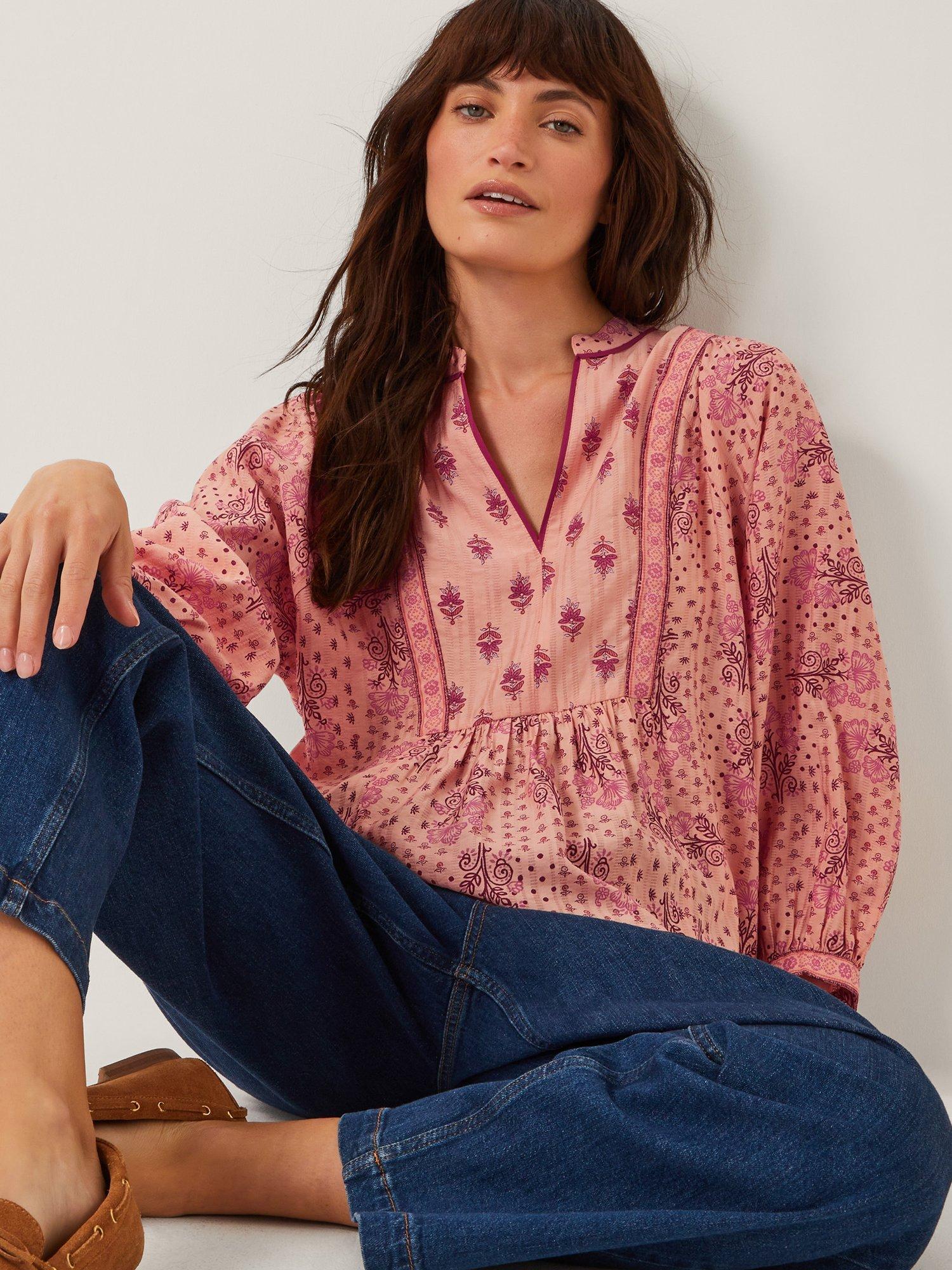 Product image 4 of 5, which shows Monsoon Sybil Contrast Floral Blouse, Coral, S