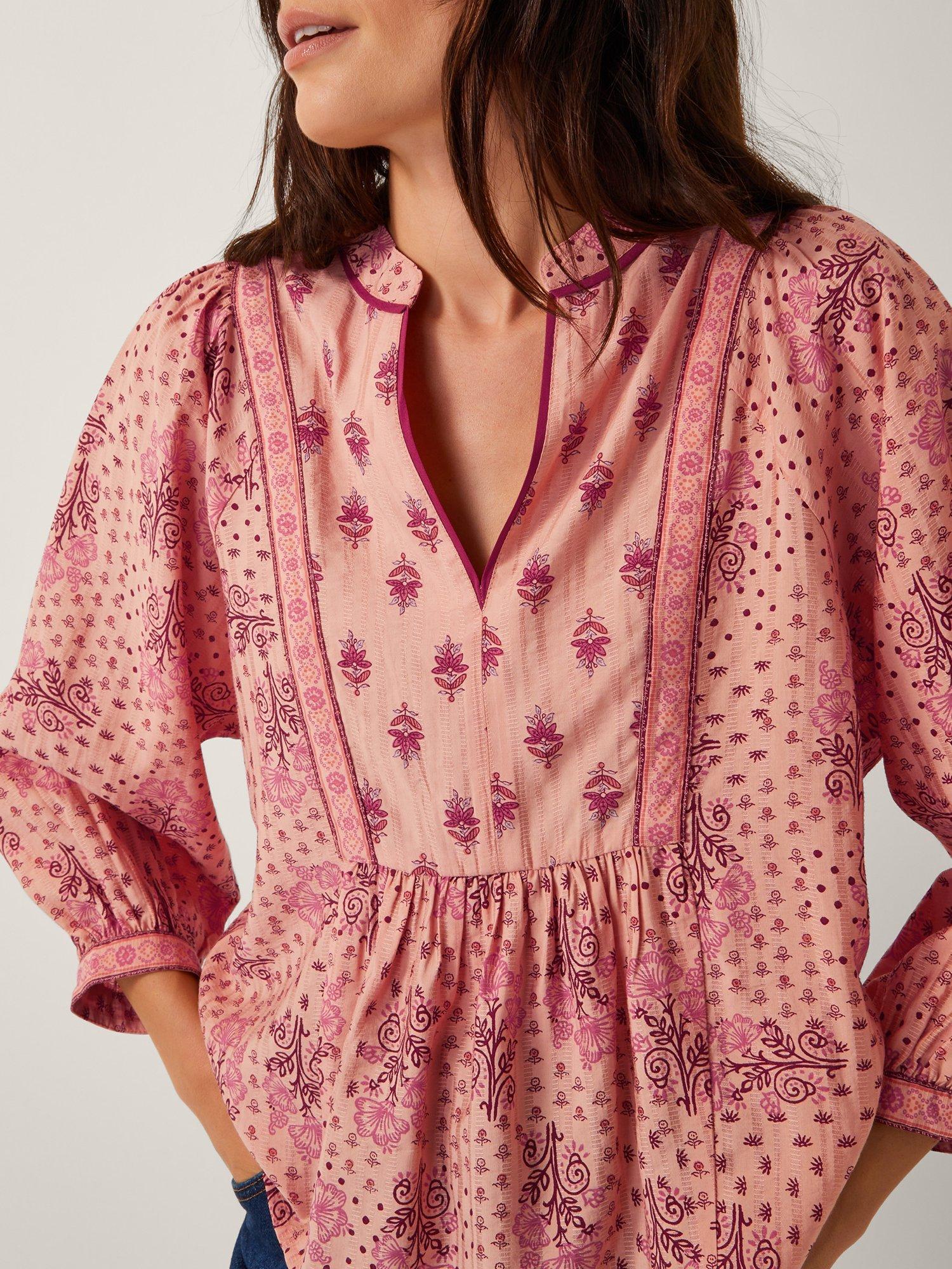 Product image 5 of 5, which shows Monsoon Sybil Contrast Floral Blouse, Coral, S