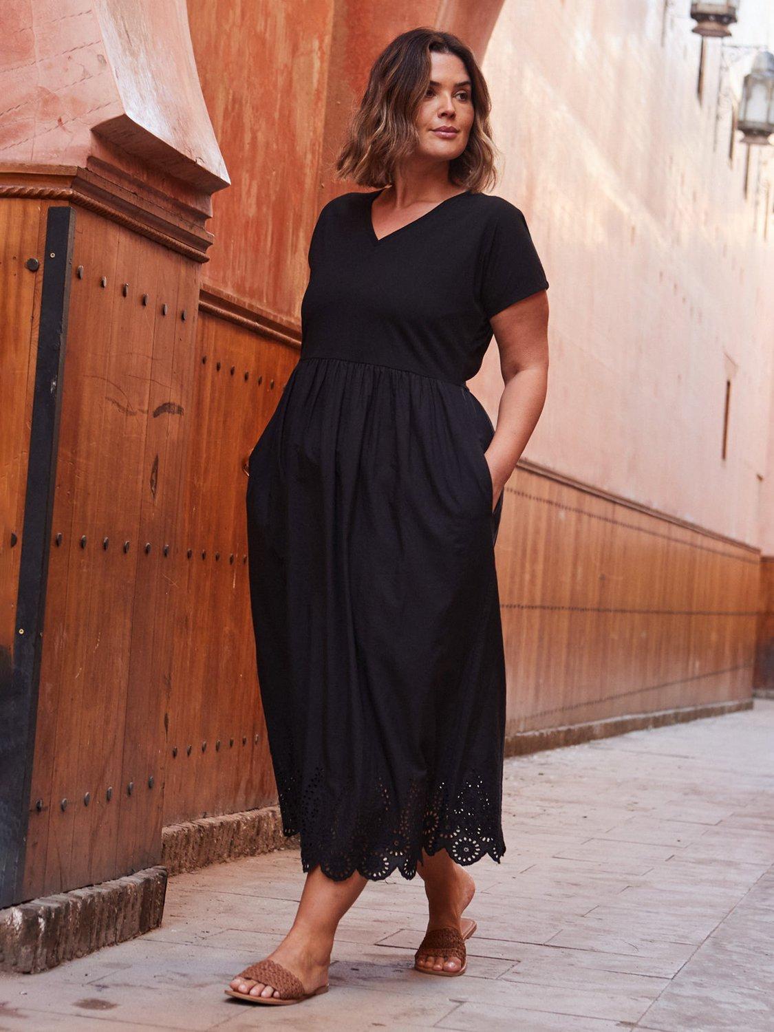 Product image 2 of 5, which shows Live Unlimited Curve Broderie Hem T-Shirt Dress, Black, 12