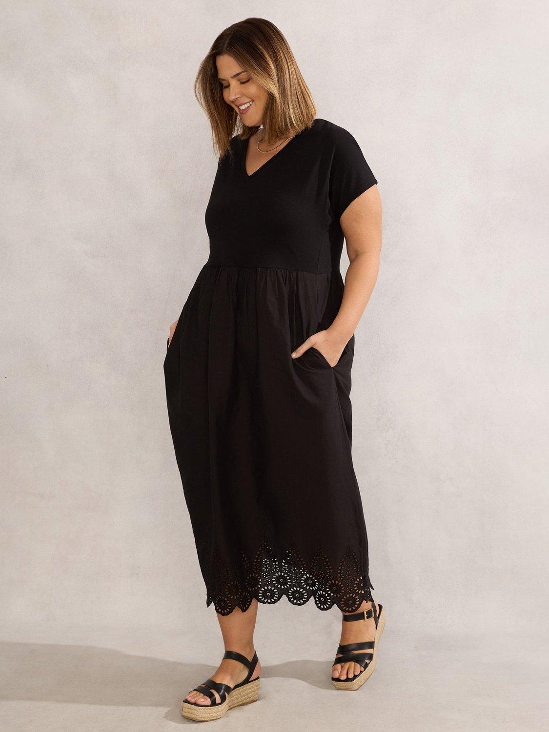 Product image 3 of 5, which shows Live Unlimited Curve Broderie Hem T-Shirt Dress, Black, 12