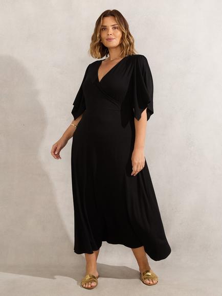 Live Unlimited Curve Angel Sleeve Jersey Midi Dress, Black, Black
