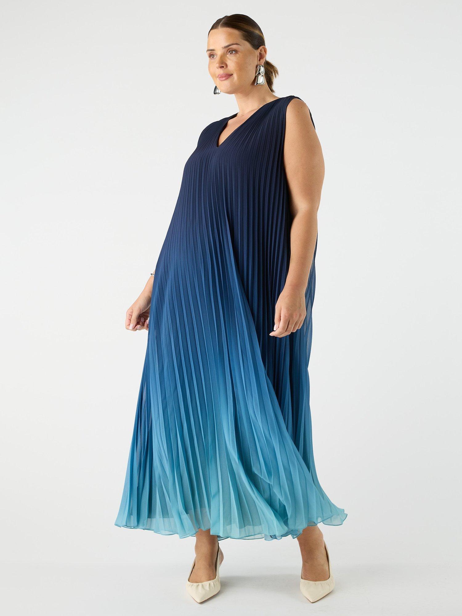 Product image 2 of 4, which shows Live Unlimited Curve Ombre Pleated V-Neck Dress, Blue/Multi, 12