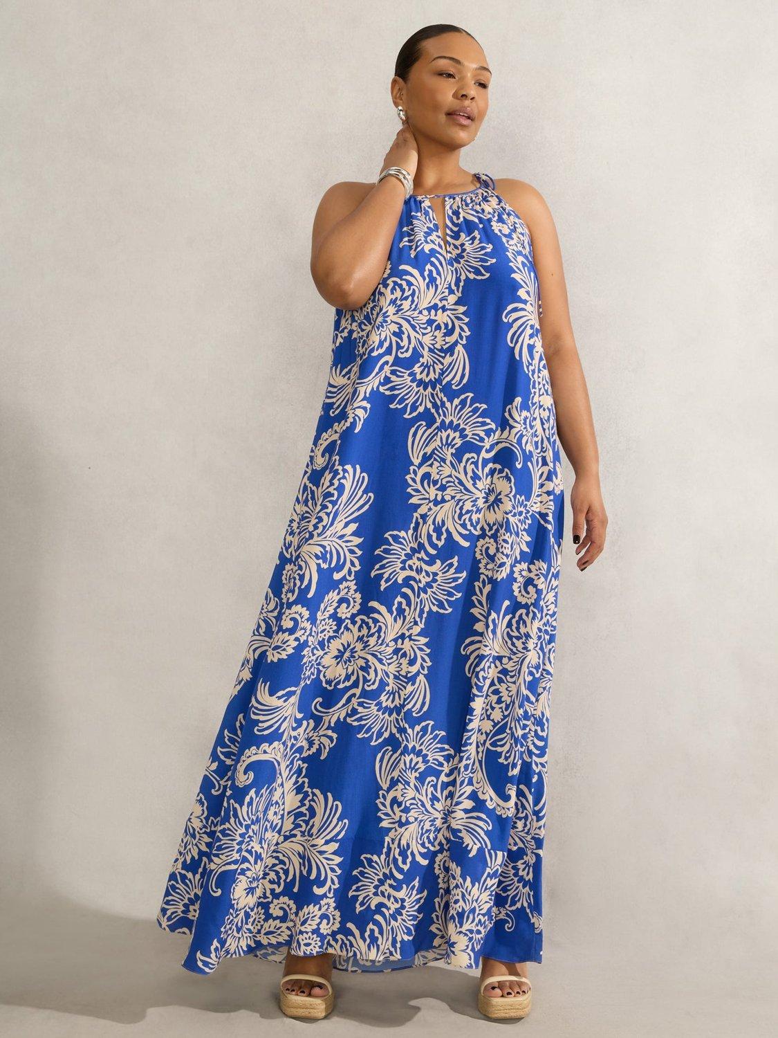 Product image 1 of 6, which shows Live Unlimited Curve Floral Halterneck Midi Dress, Blue/Multi, 20