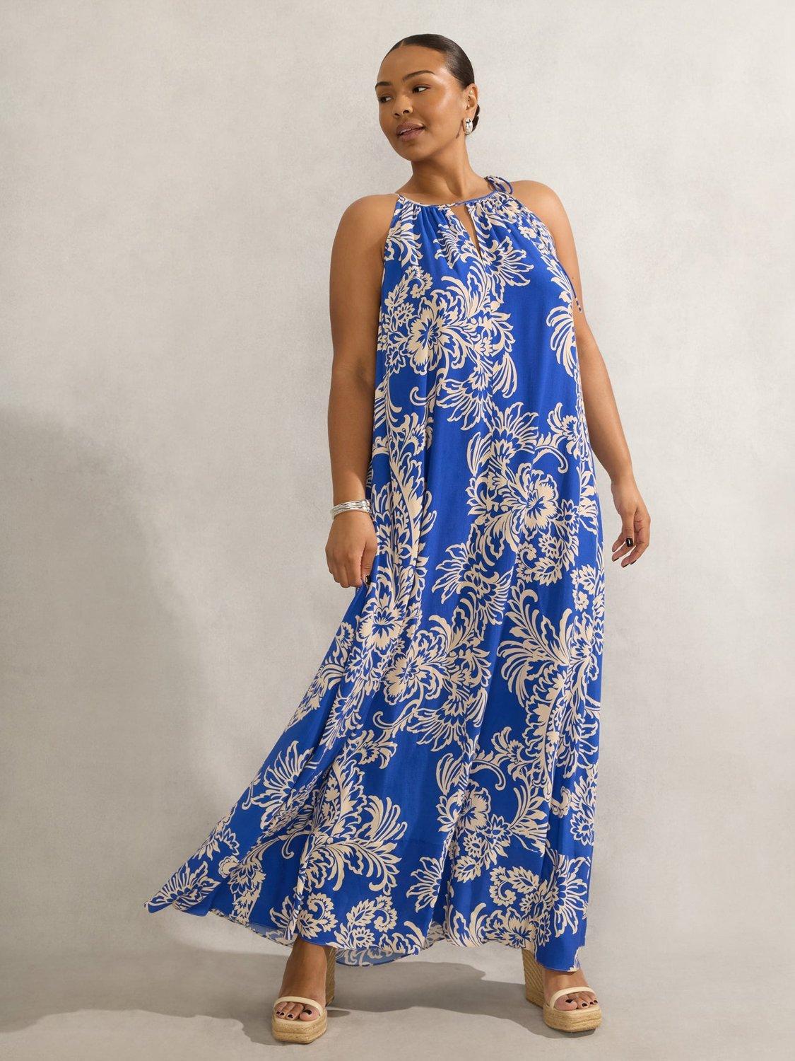 Product image 3 of 6, which shows Live Unlimited Curve Floral Halterneck Midi Dress, Blue/Multi, 20