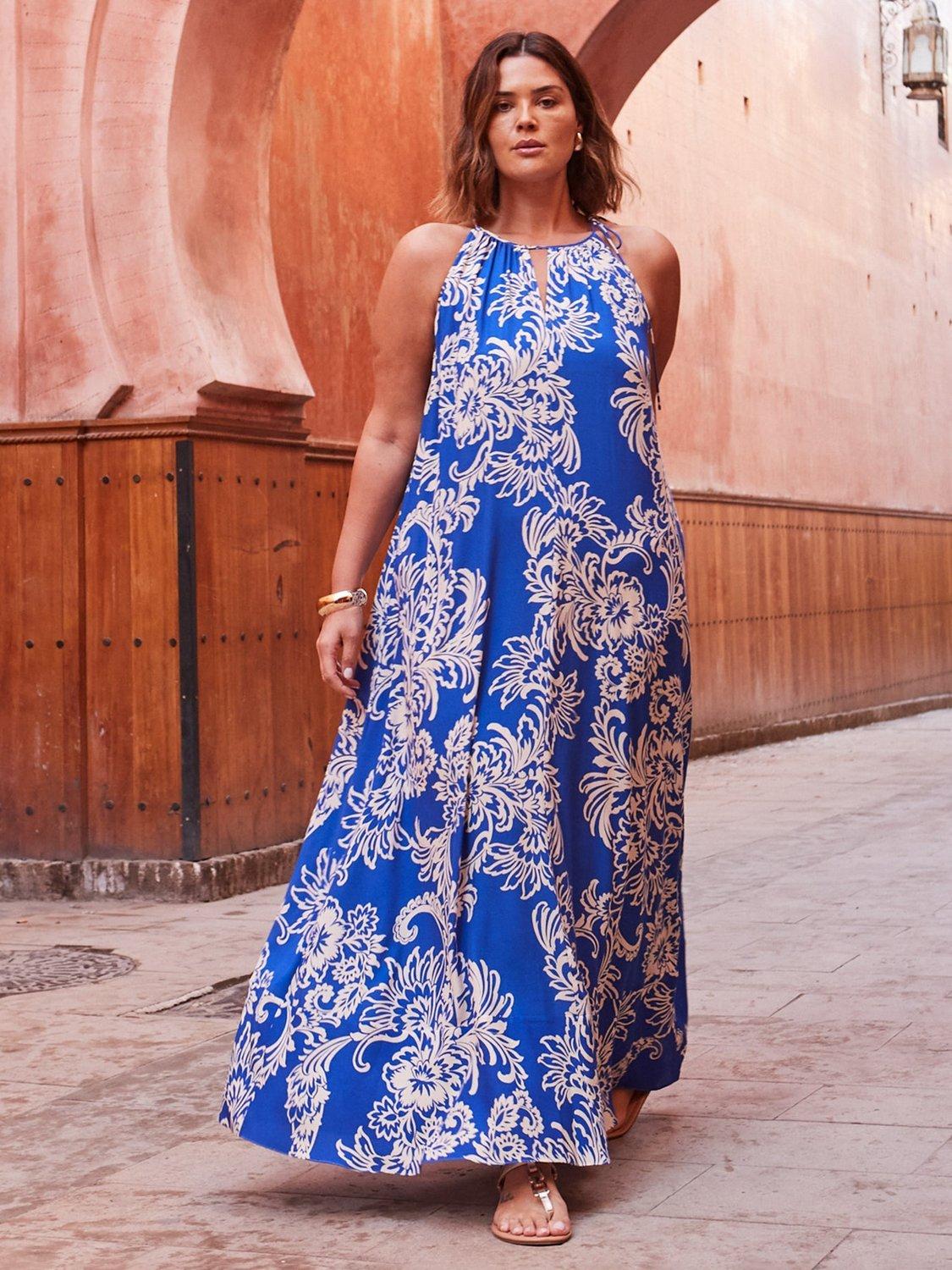 Product image 4 of 6, which shows Live Unlimited Curve Floral Halterneck Midi Dress, Blue/Multi, 20