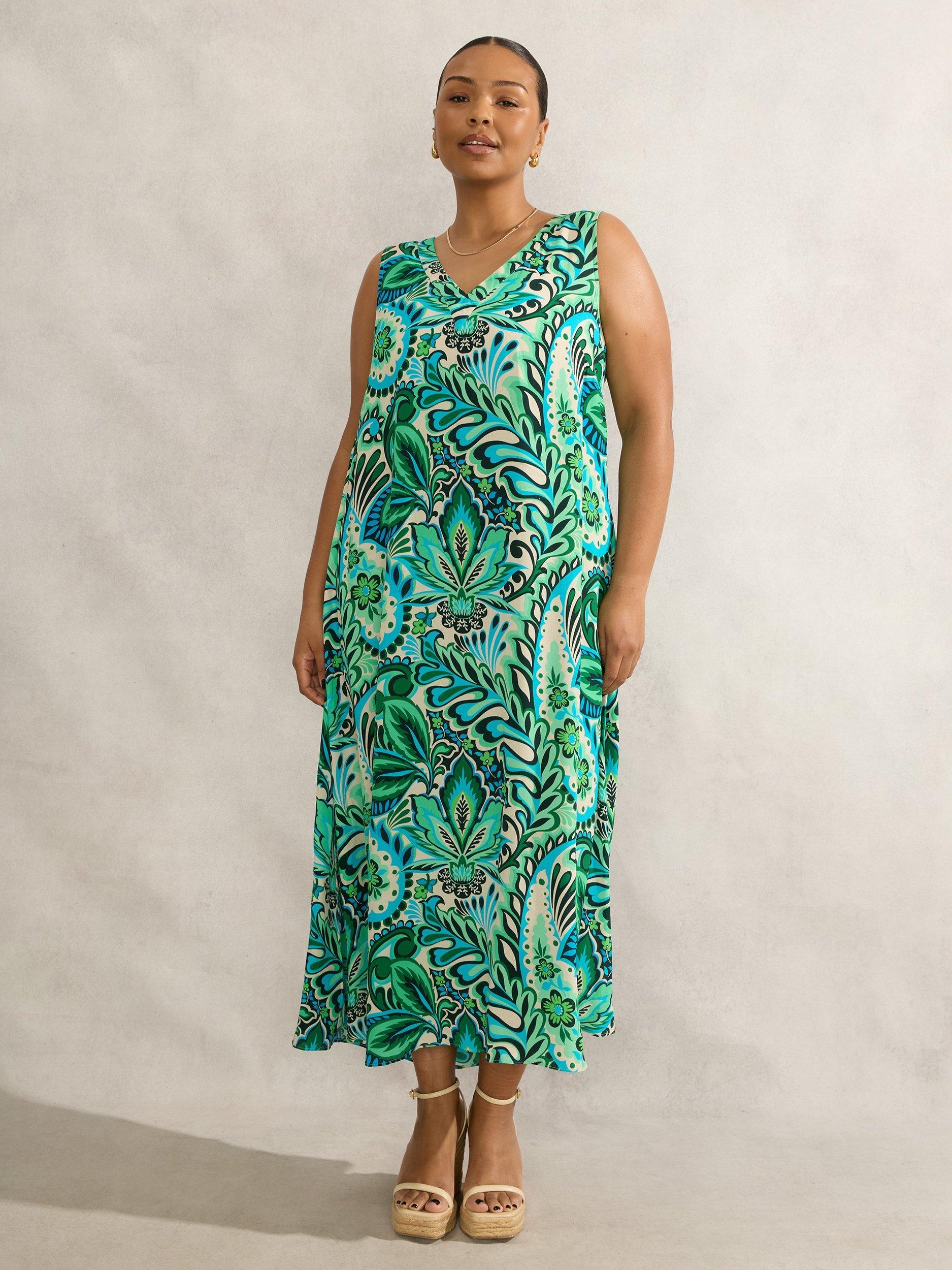 Product image 1 of 7, which shows Live Unlimited Curve Paisley Sleeveless Midi Dress, Green/Multi, 18
