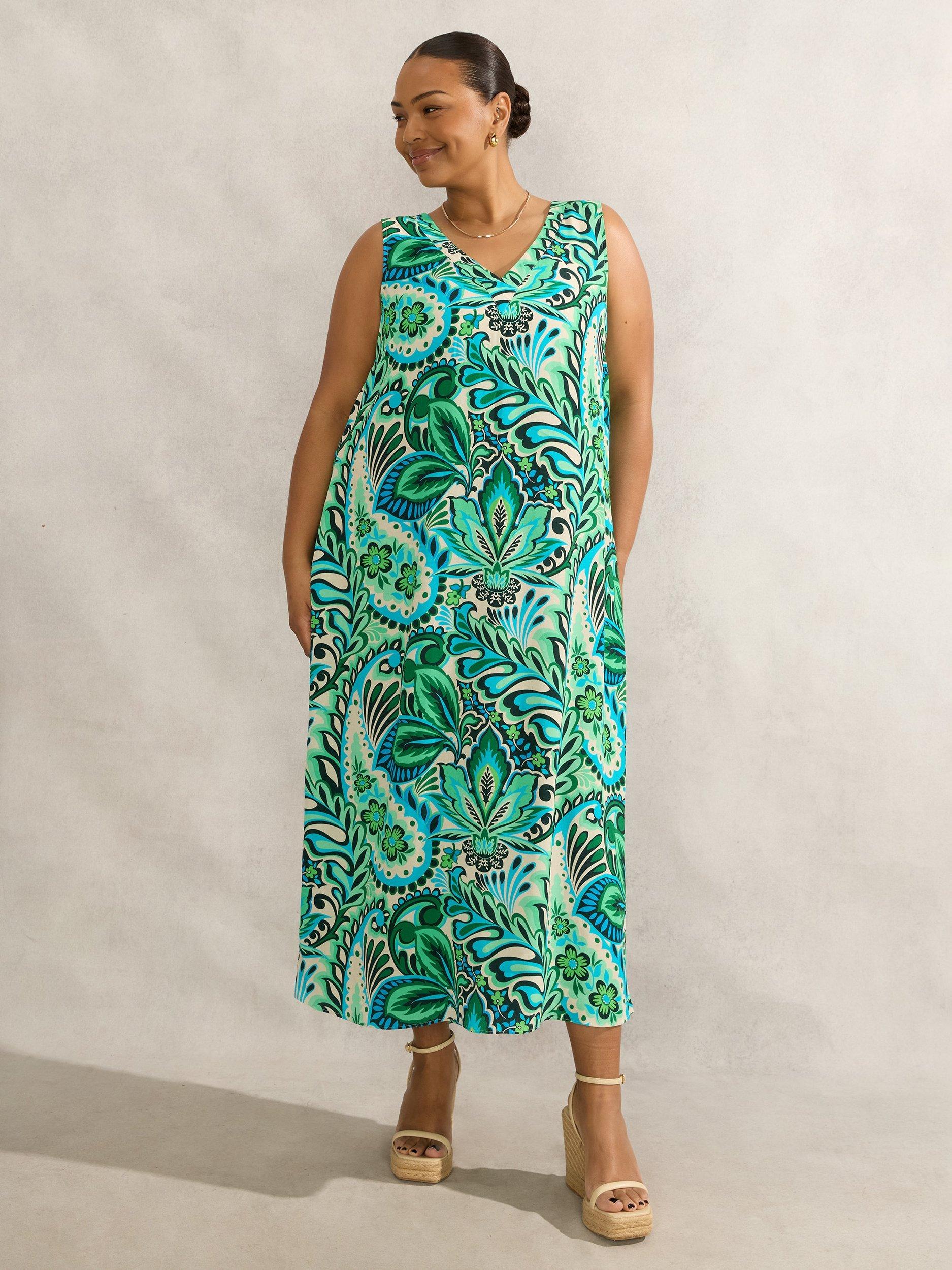 Product image 3 of 7, which shows Live Unlimited Curve Paisley Sleeveless Midi Dress, Green/Multi, 18