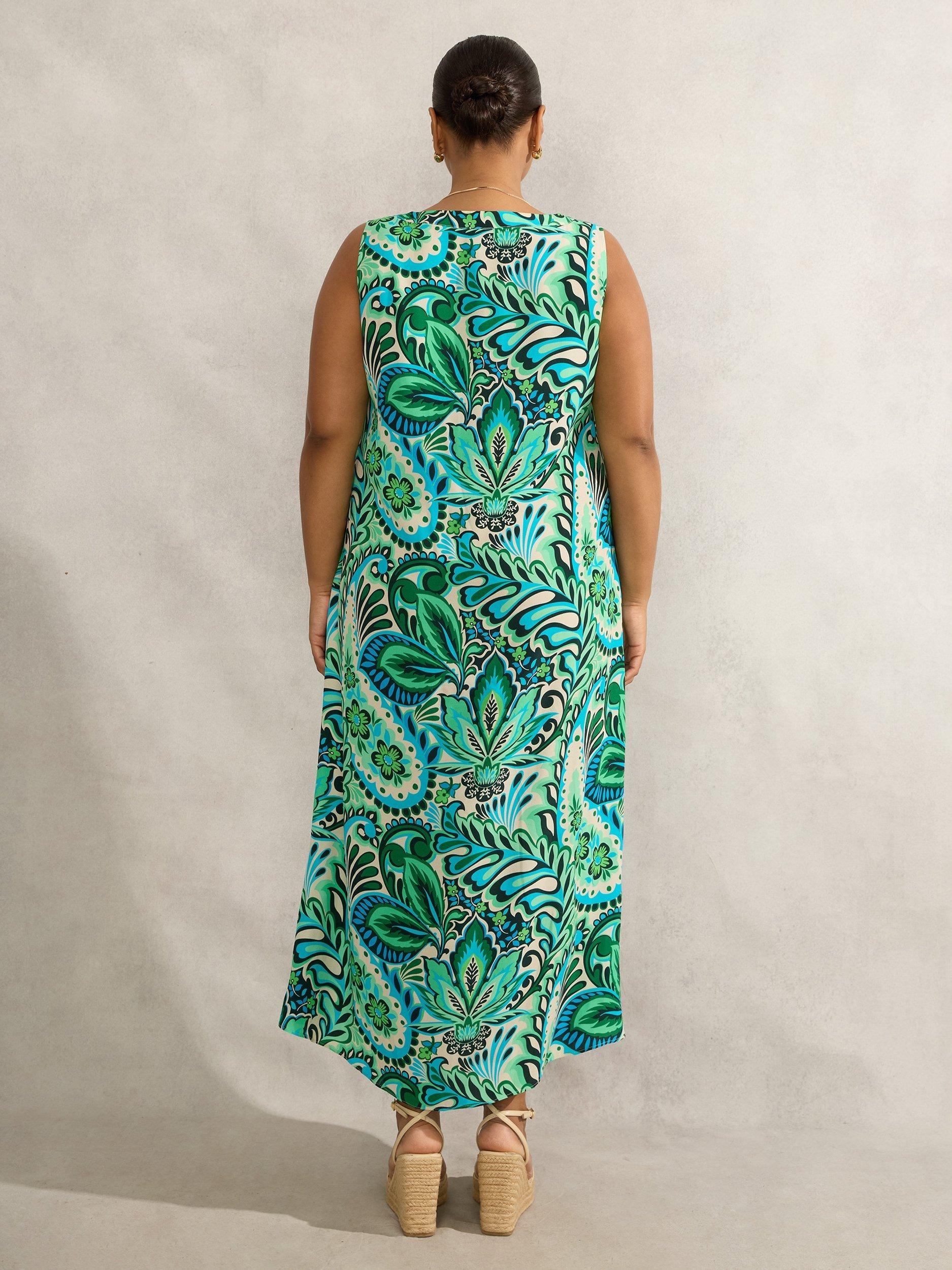 Product image 7 of 7, which shows Live Unlimited Curve Paisley Sleeveless Midi Dress, Green/Multi, 18