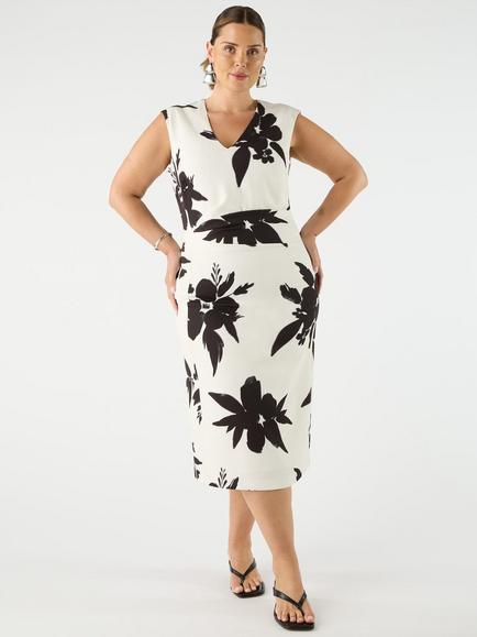 Live Unlimited Curve Floral Pleat Side Midi Dress, Ivory/Multi, Ivory/Multi