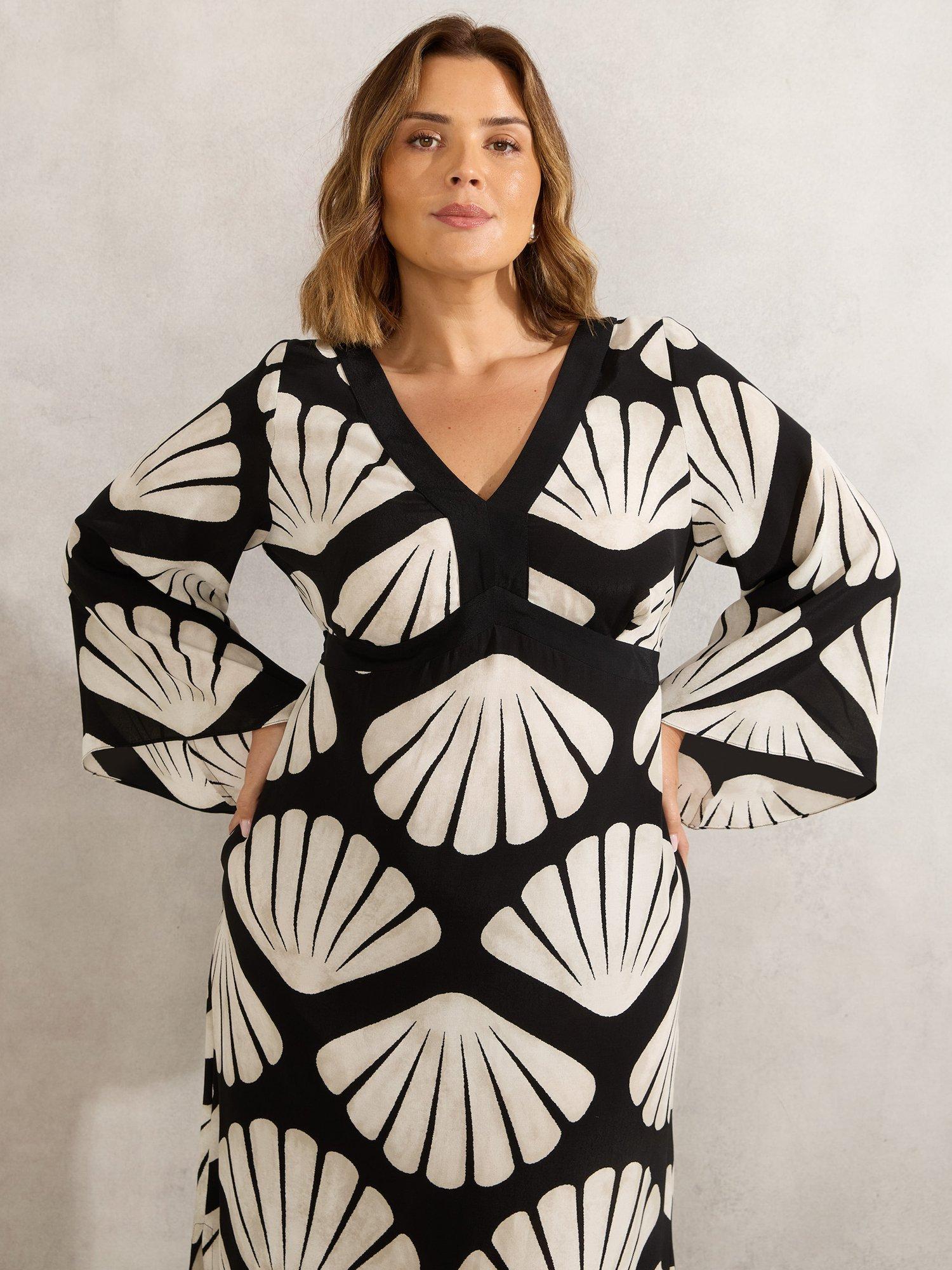Product image 2 of 3, which shows Live Unlimited Shell Print Flared Sleeve Maxi Dress, Black/Multi, 12