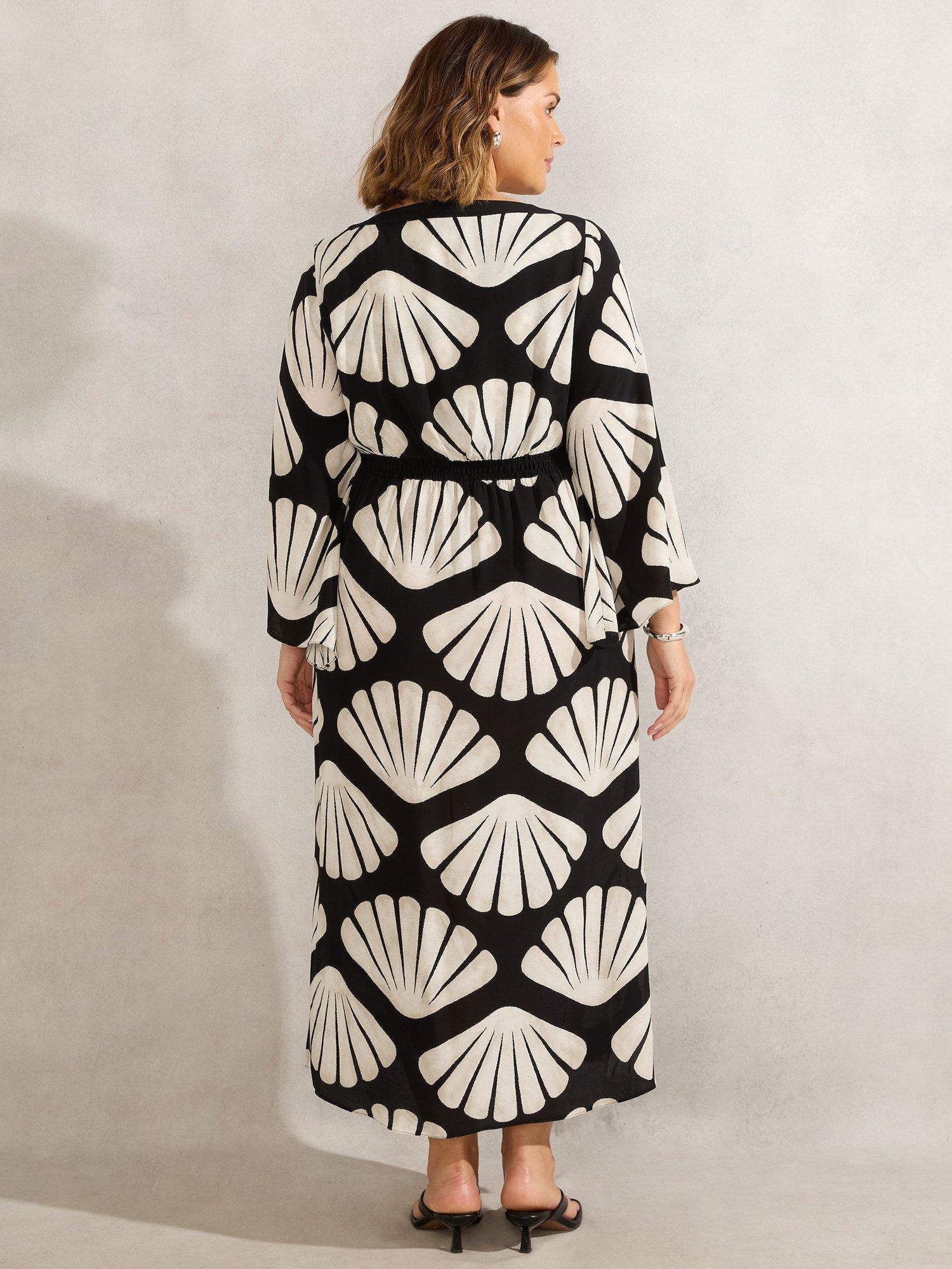 Product image 3 of 3, which shows Live Unlimited Shell Print Flared Sleeve Maxi Dress, Black/Multi, 12