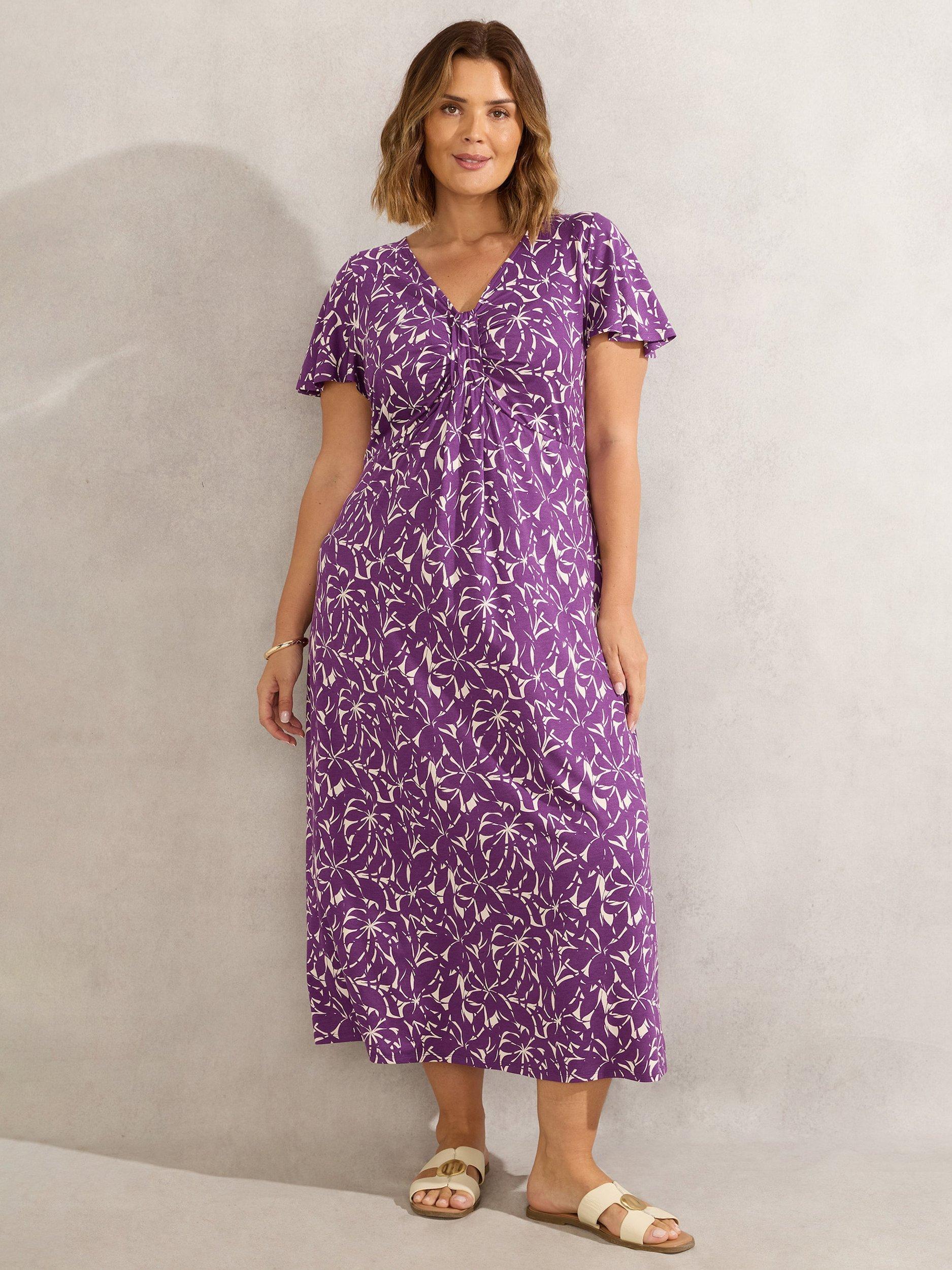 Product image 1 of 3, which shows Live Unlimited Curve Leaf Print Midi Dress, Purple, 18