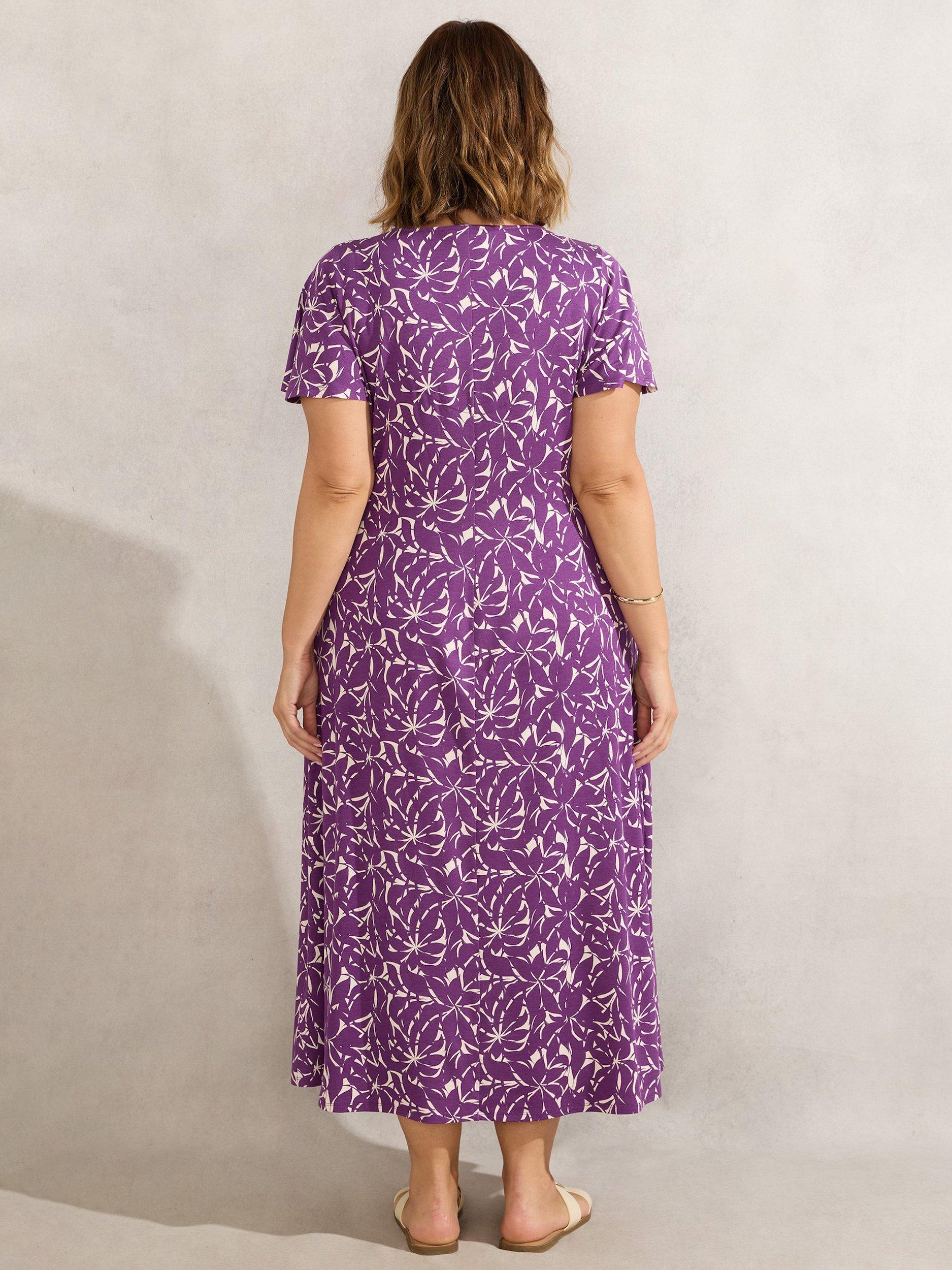 Product image 3 of 3, which shows Live Unlimited Curve Leaf Print Midi Dress, Purple, 18